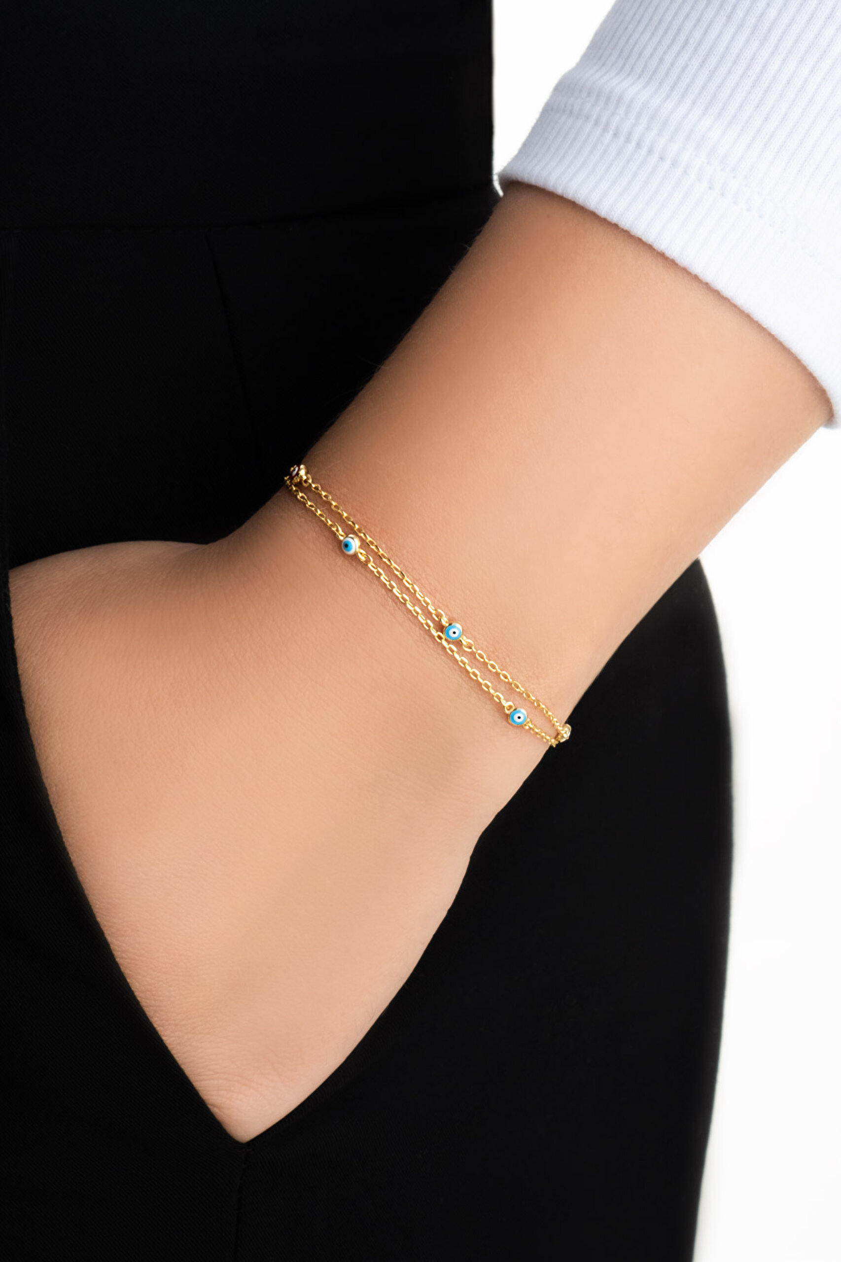 ⁠ Minimal Nazar 18 Ayar Sarı Altın Kaplama 19 Cm Gümüş İkili Bileklik_1}