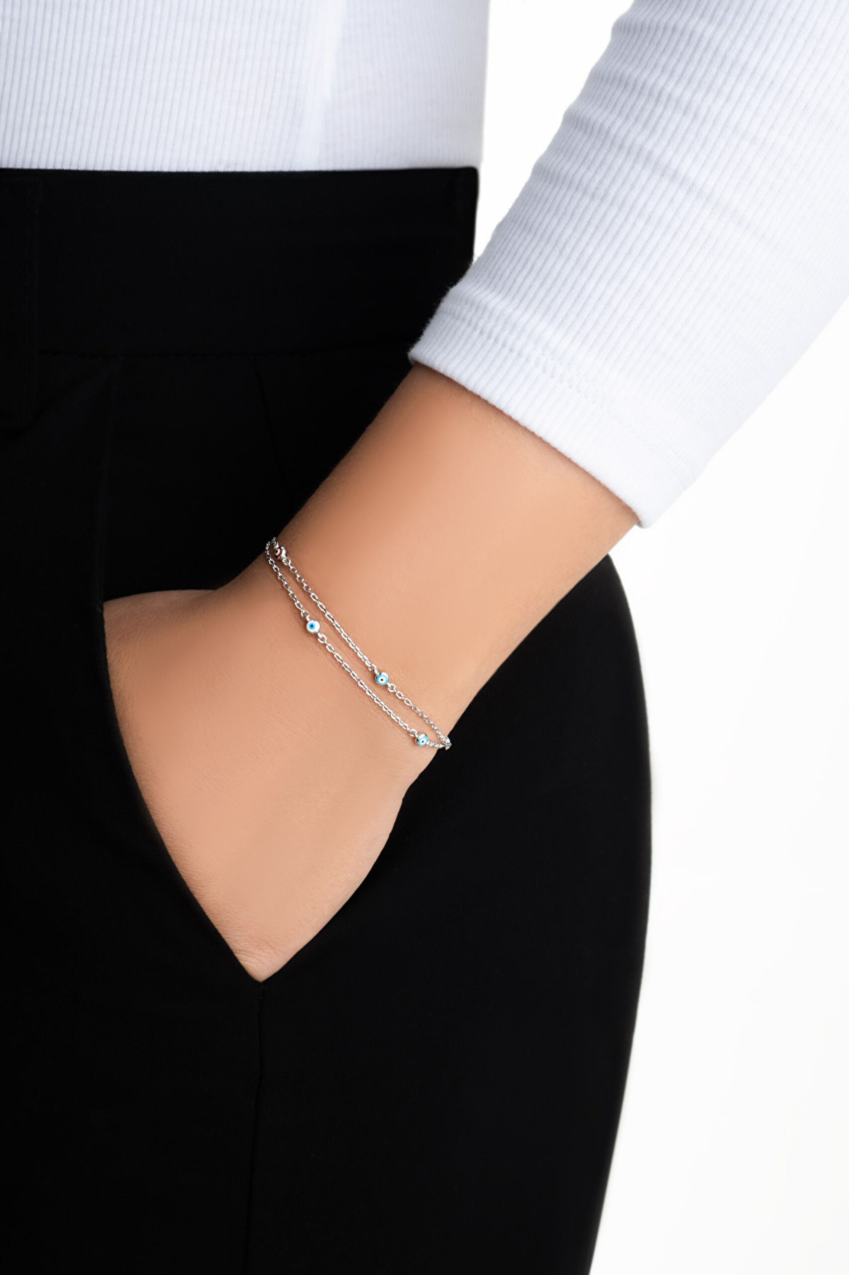 ⁠ Minimal Nazar 18 Ayar Beyaz Altın Kaplama 19 Cm Gümüş İkili Bileklik_3}