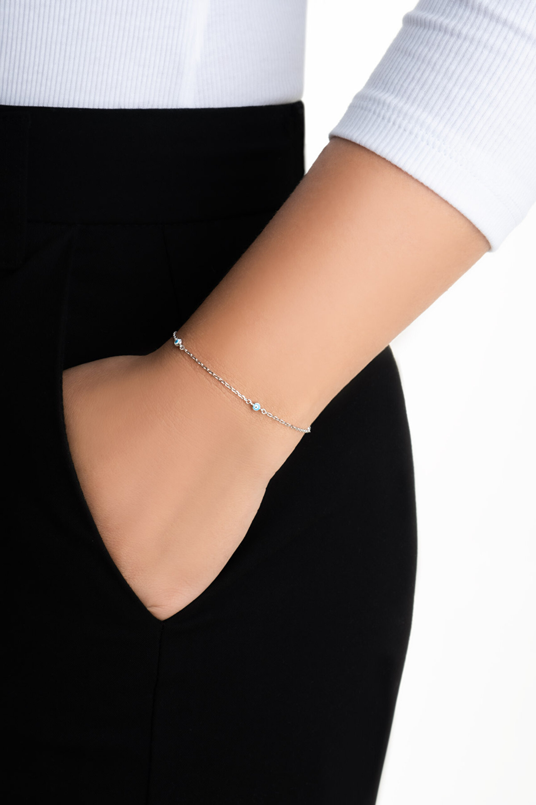 ⁠ Minimal Nazar 18 Ayar Beyaz Altın Kaplama 19 Cm Gümüş Bileklik_3}