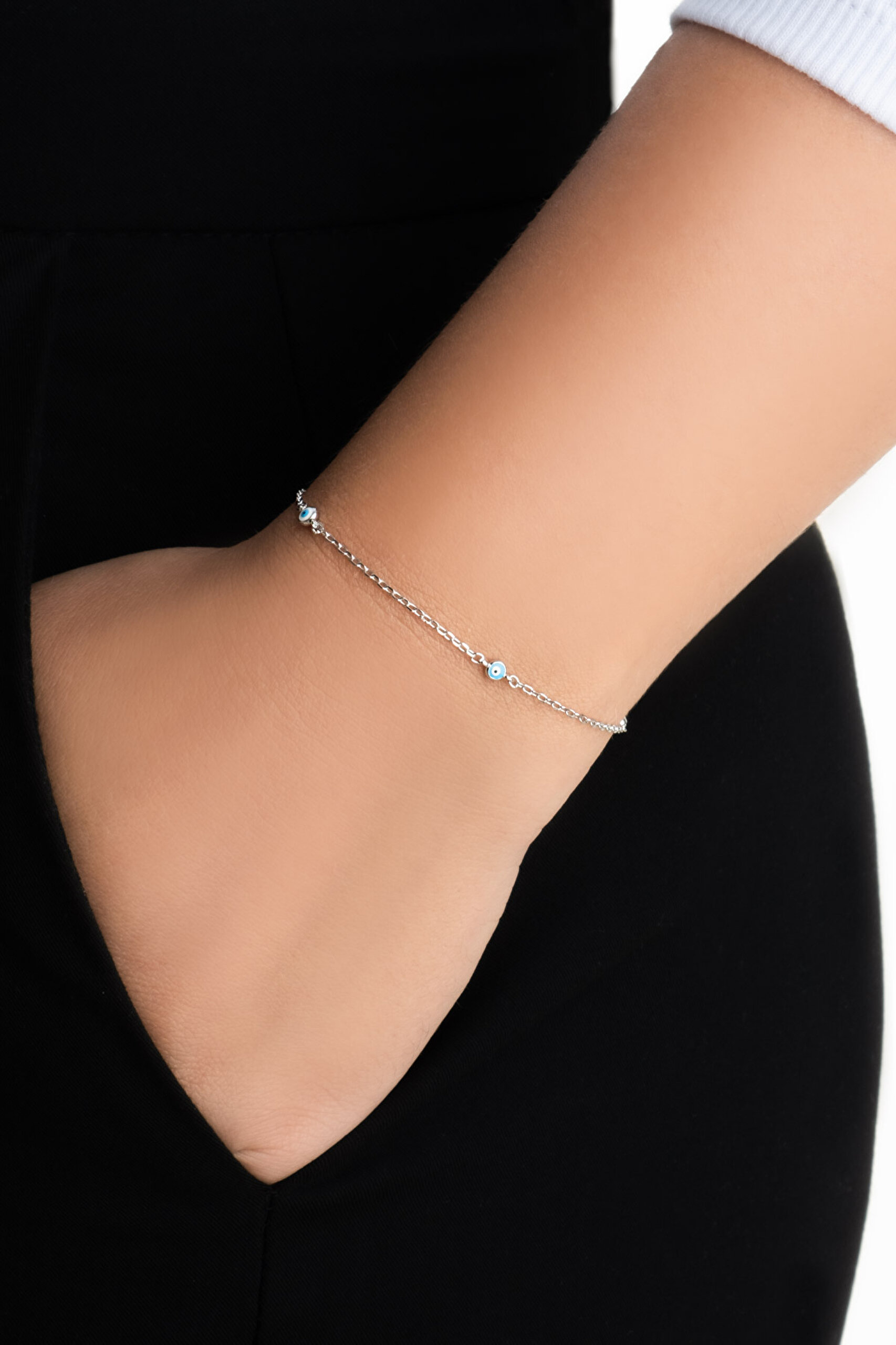 ⁠ Minimal Nazar 18 Ayar Beyaz Altın Kaplama 19 Cm Gümüş Bileklik_1}