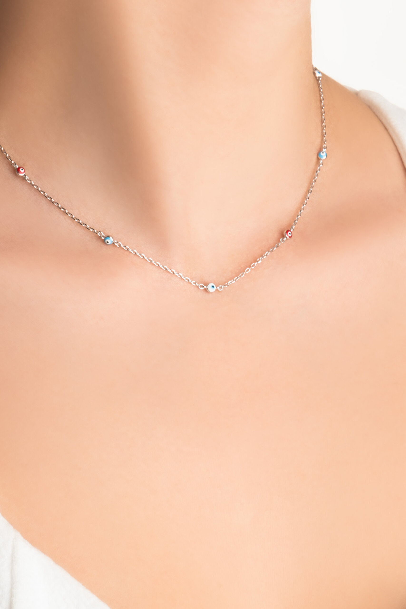 ⁠ Minimal Nazar 18 Ayar Beyaz Altın Kaplama 43 Cm Gümüş Kolye_1}