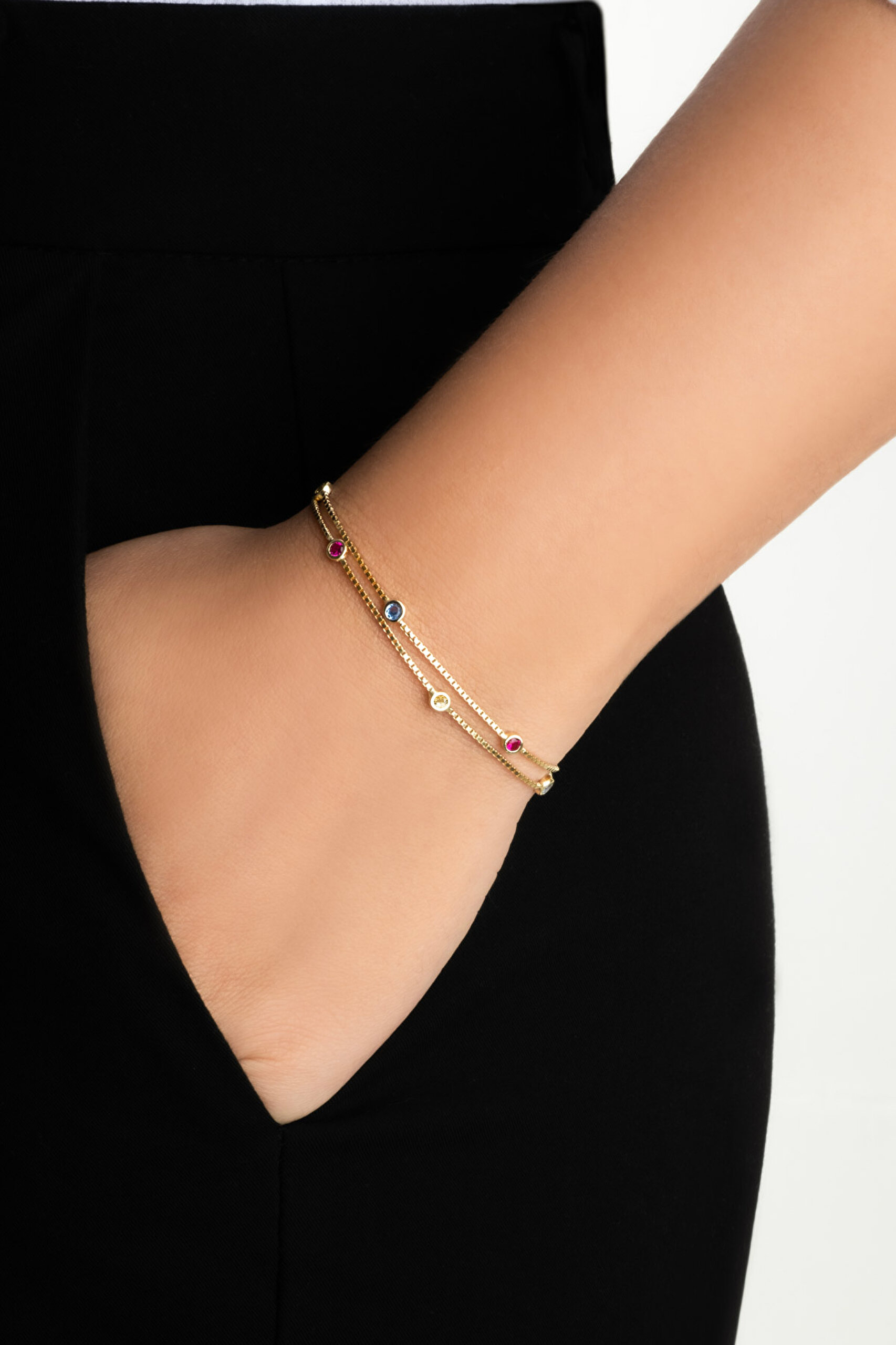 ⁠ Renkli Düş 18 Ayar Sarı Altın Kaplama 19 Cm Gümüş İkili  Bileklik_1}