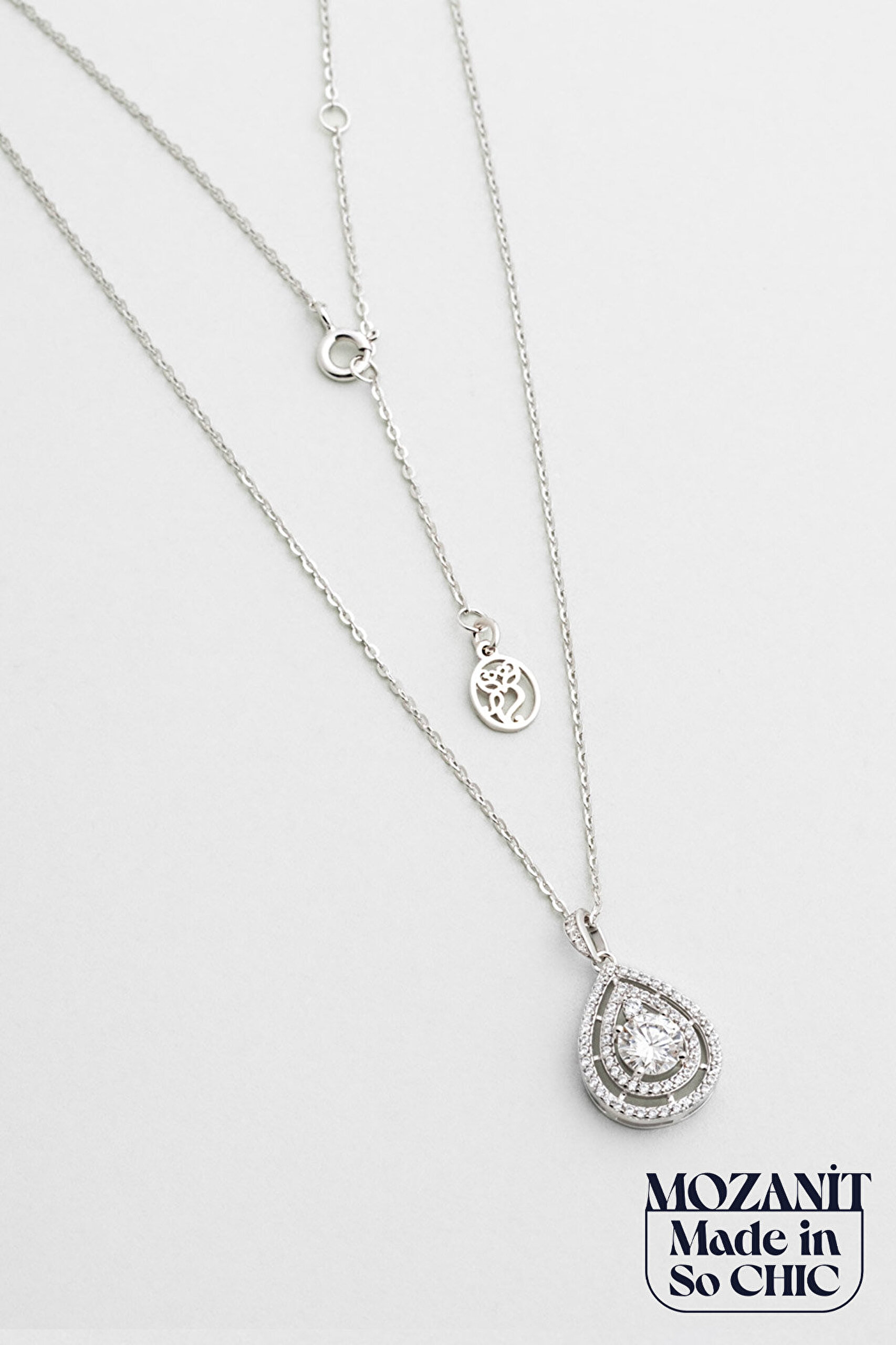 Mozanit Aurası 18 Ayar Beyaz Altın Kaplama 46 Cm Gümüş Kolye - 0