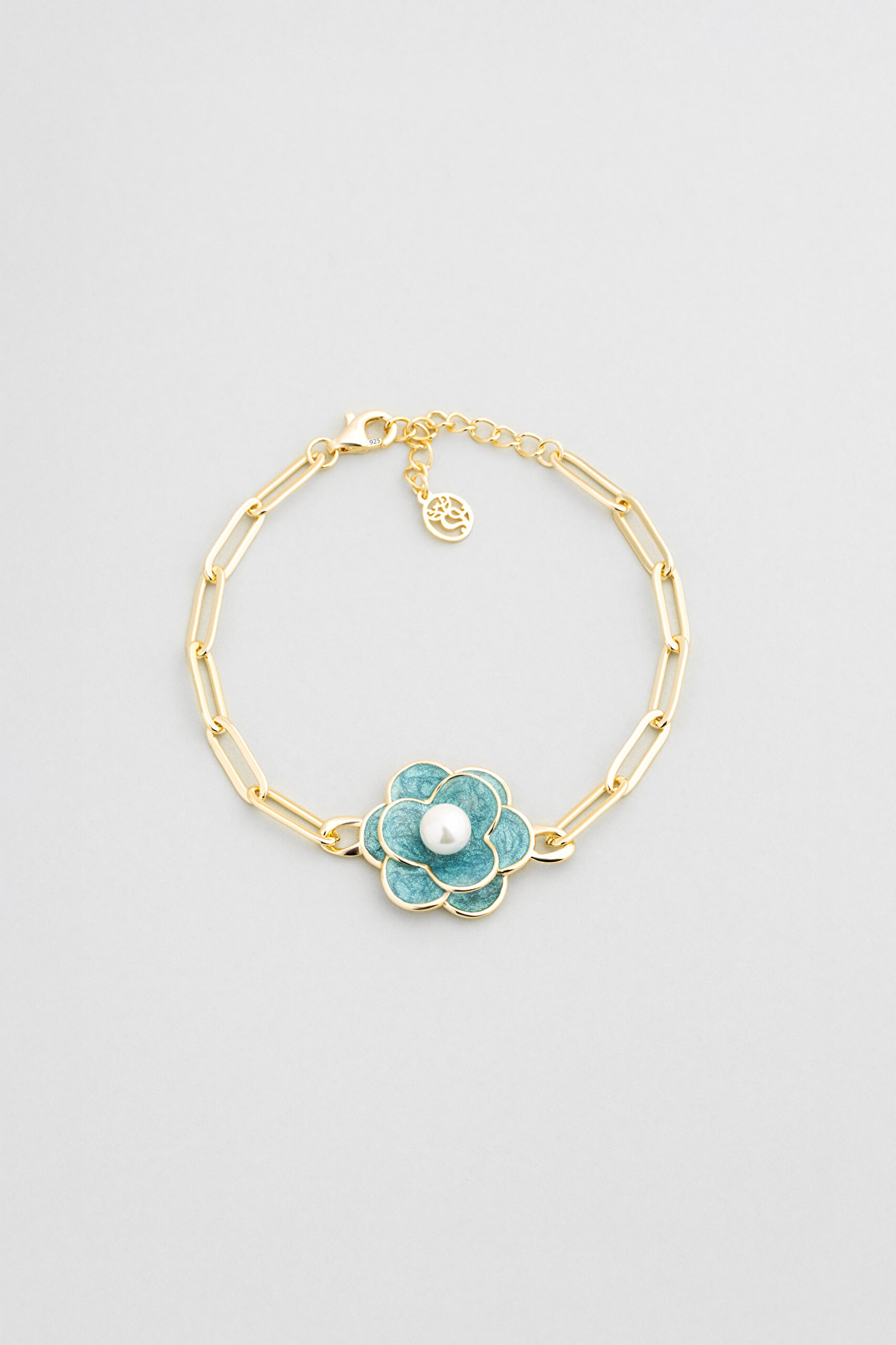 ⁠ Kamelya Çiçeği 18 Ayar Sarı Altın Kaplama 19 Cm Gümüş Zincir Bileklik_0}