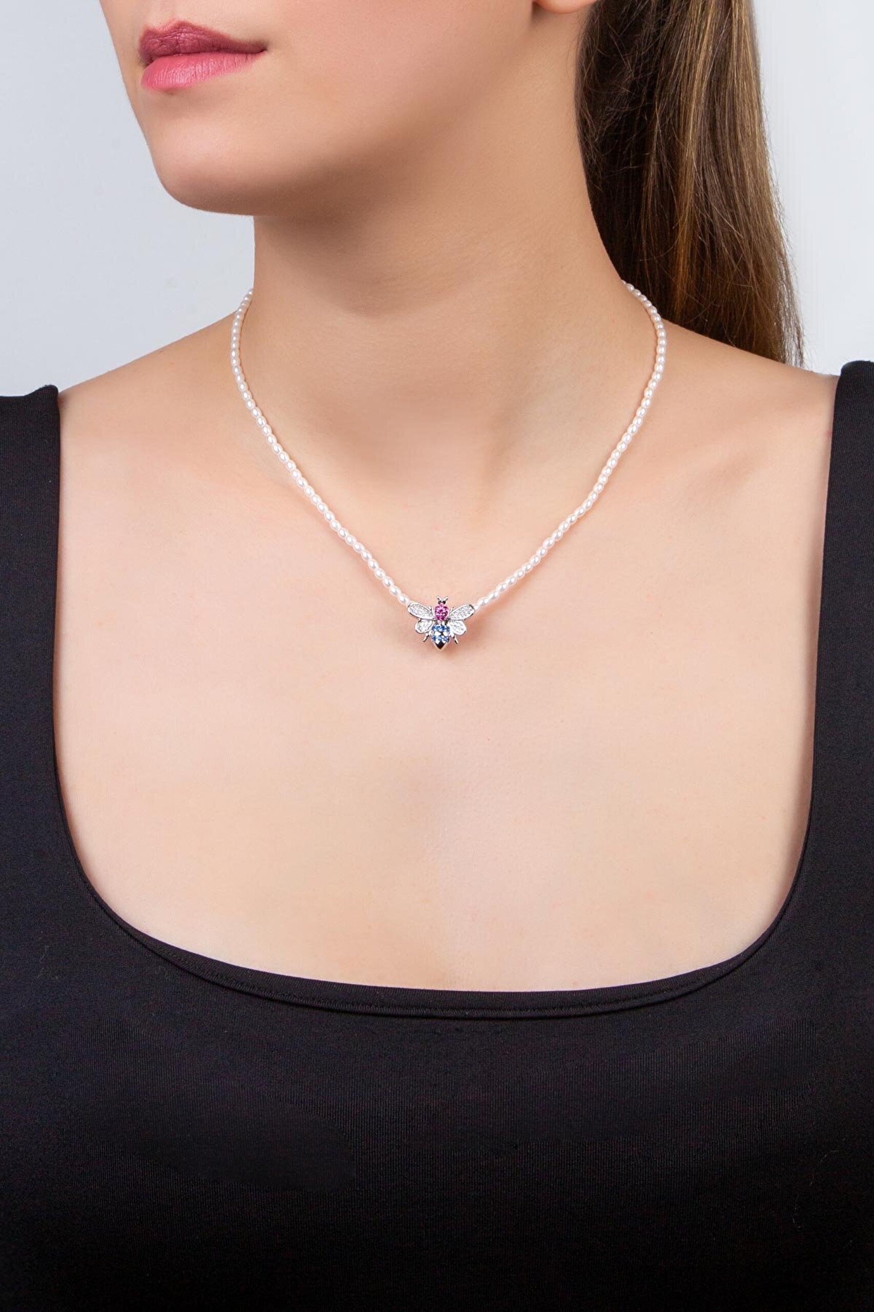 Kraliçe Arı 18 Ayar Beyaz Altın Kaplama Gümüş Charm - 3