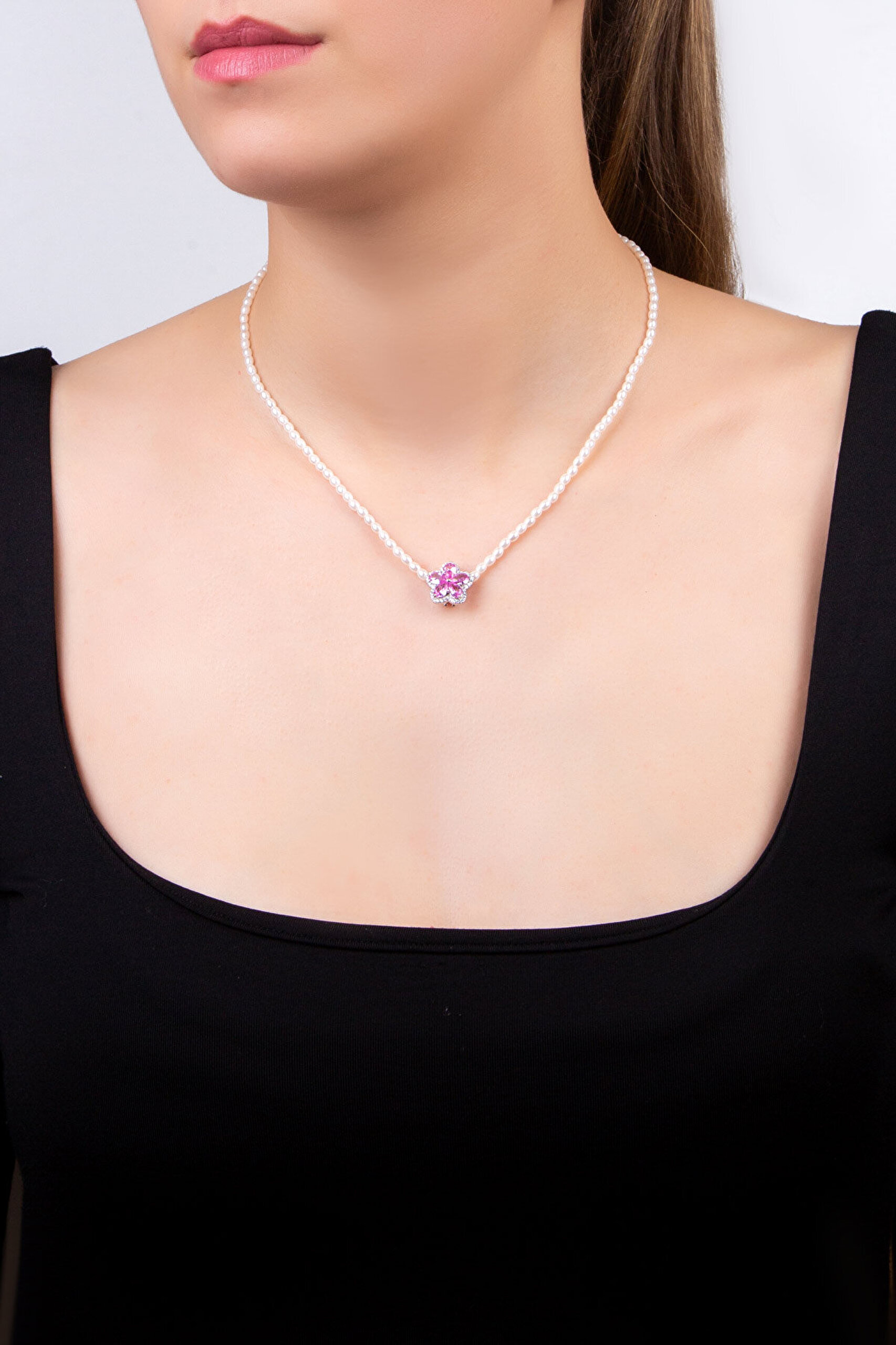 Pembe Rüzgar Çiçeği 18 Ayar Beyaz Altın Kaplama Gümüş Charm - 5