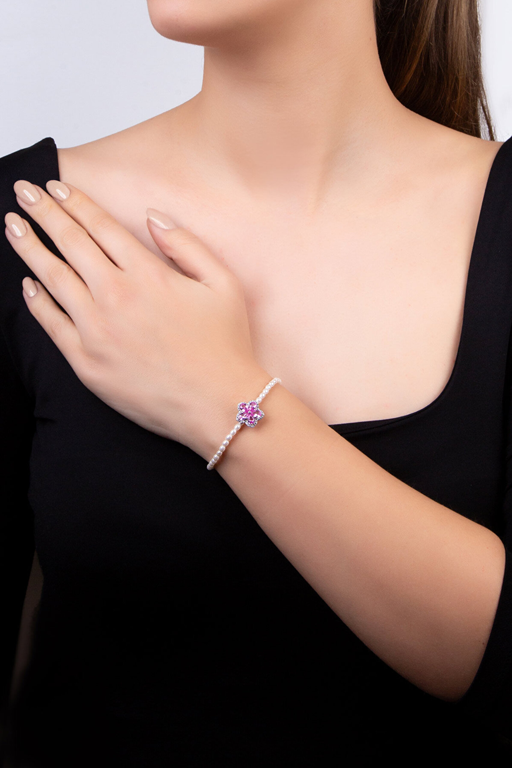 Pembe Rüzgar Çiçeği 18 Ayar Beyaz Altın Kaplama Gümüş Charm - 7