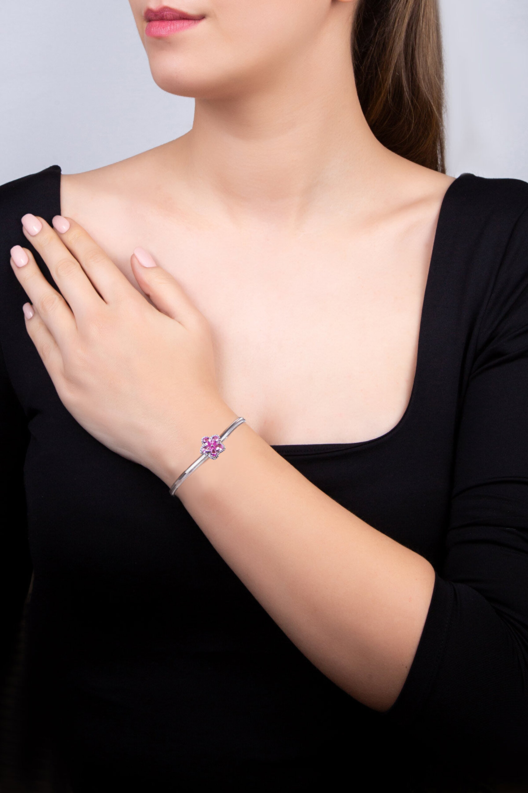 Pembe Rüzgar Çiçeği 18 Ayar Beyaz Altın Kaplama Gümüş Charm - 8