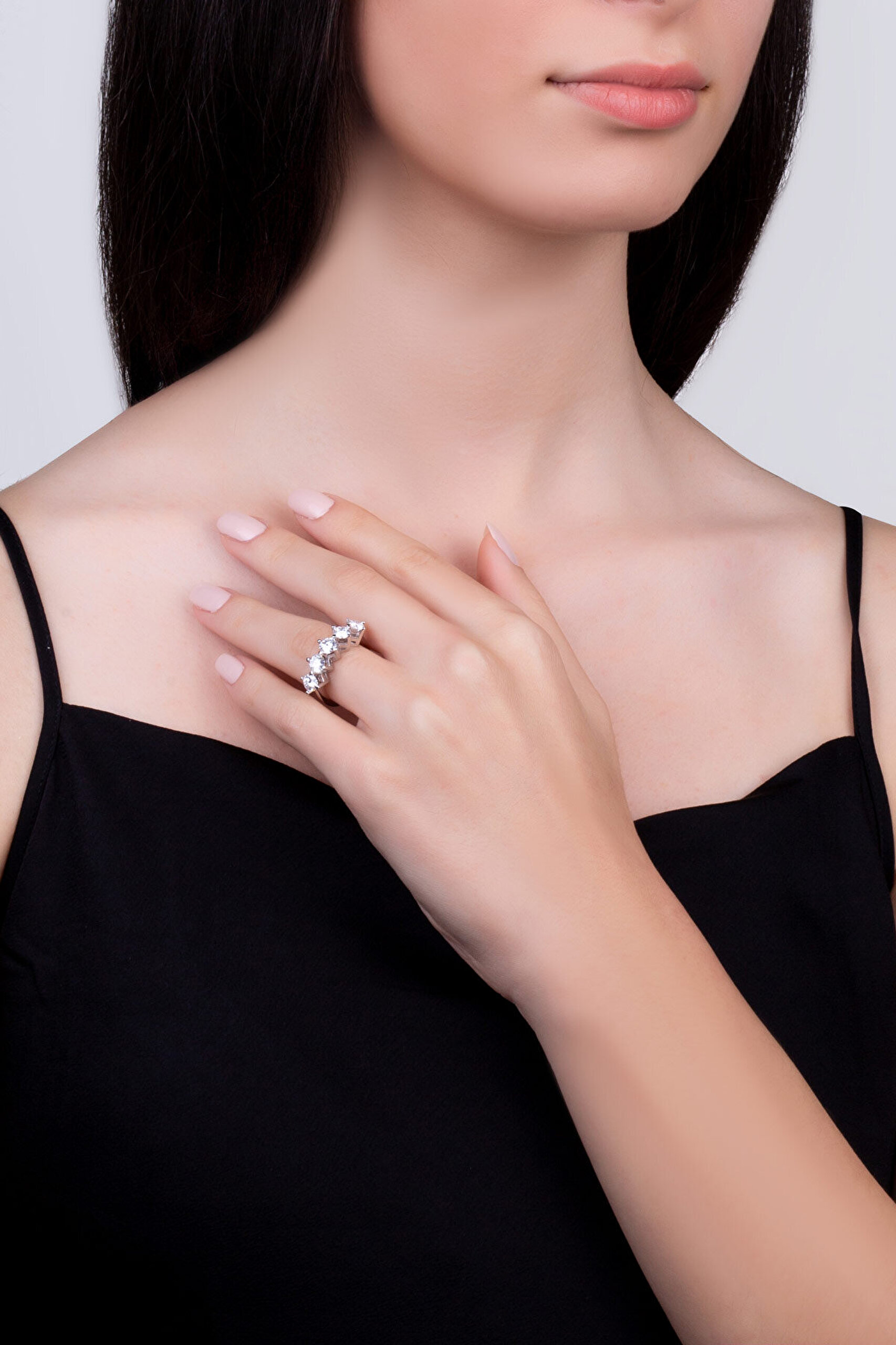 Mozanit Zarafeti 18 Ayar Beyaz Altın Kaplama Gümüş Beştaş Yüzük - 3