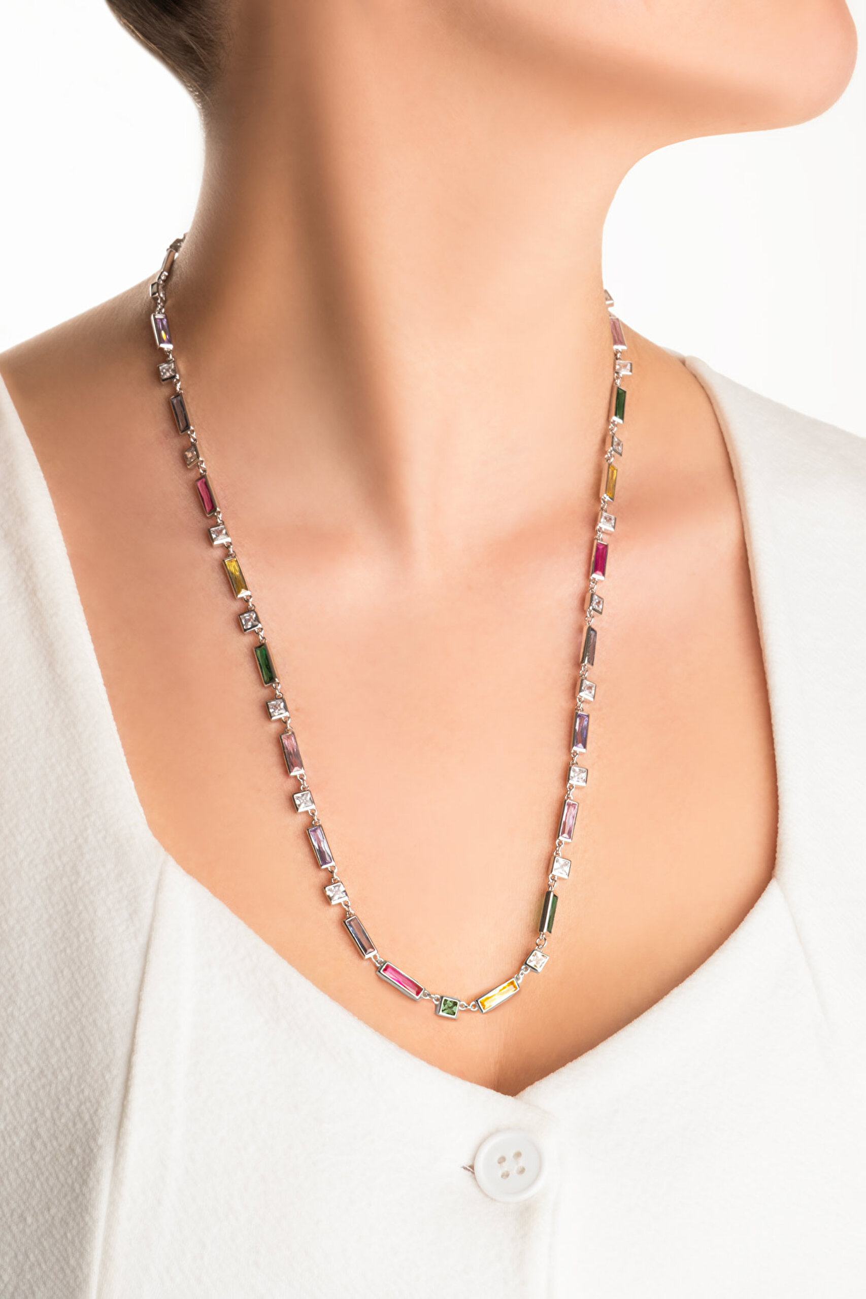 ⁠ Renkli Yolculuk 18 Ayar Beyaz Altın Kaplama 63 Cm Gümüş Uzun Kolye_3}