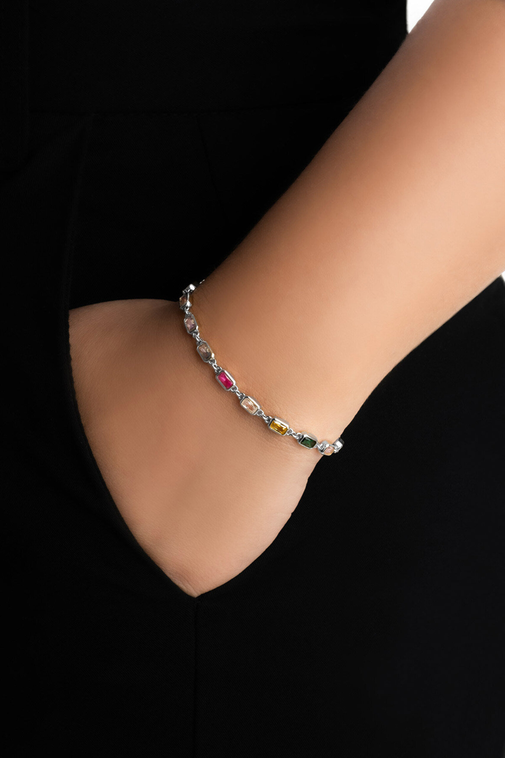 Renkli Aura 18 Ayar Beyaz Altın Kaplama 19 Cm Gümüş Bileklik - 1