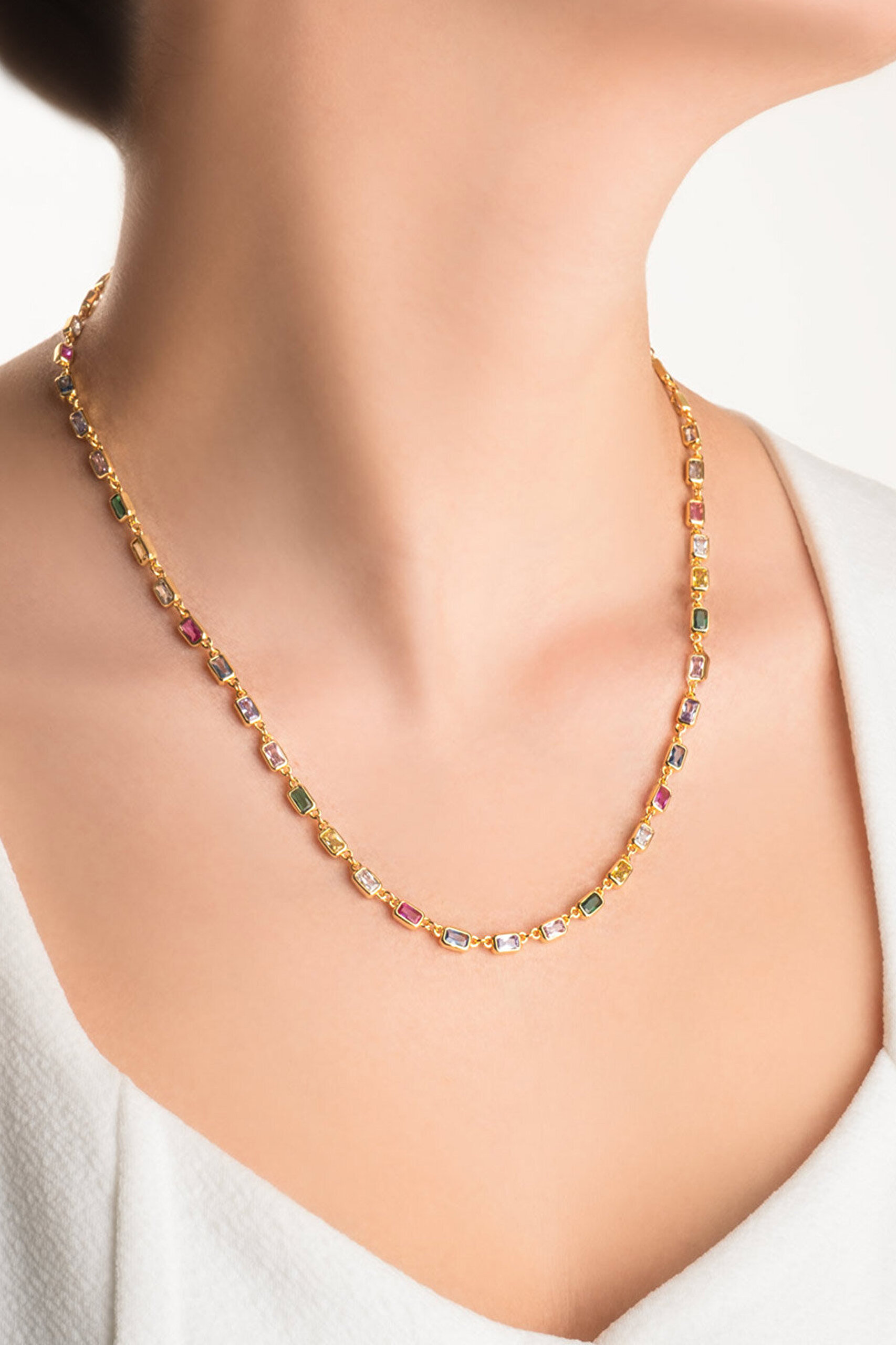 Renkli Aura 18 Ayar Sarı Altın Kaplama 53 Cm Gümüş Kolye - 3