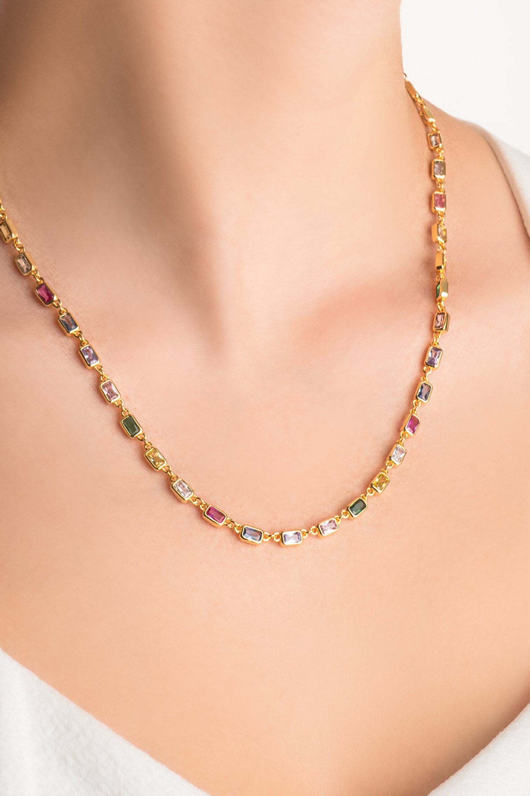 Renkli Aura 18 Ayar Sarı Altın Kaplama 53 Cm Gümüş Kolye - 1