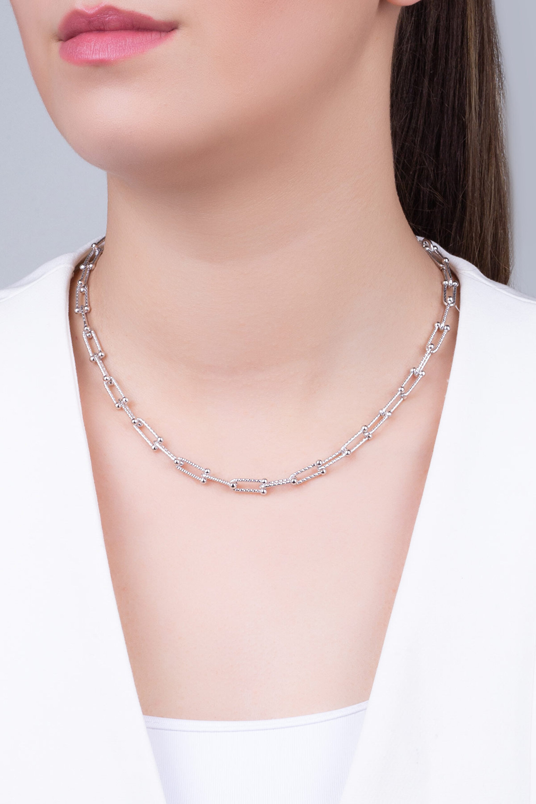 Zamansız İtalyan 18 Ayar Beyaz Altın Kaplama 45 Cm Gümüş Ataş Zincir Kolye - 1