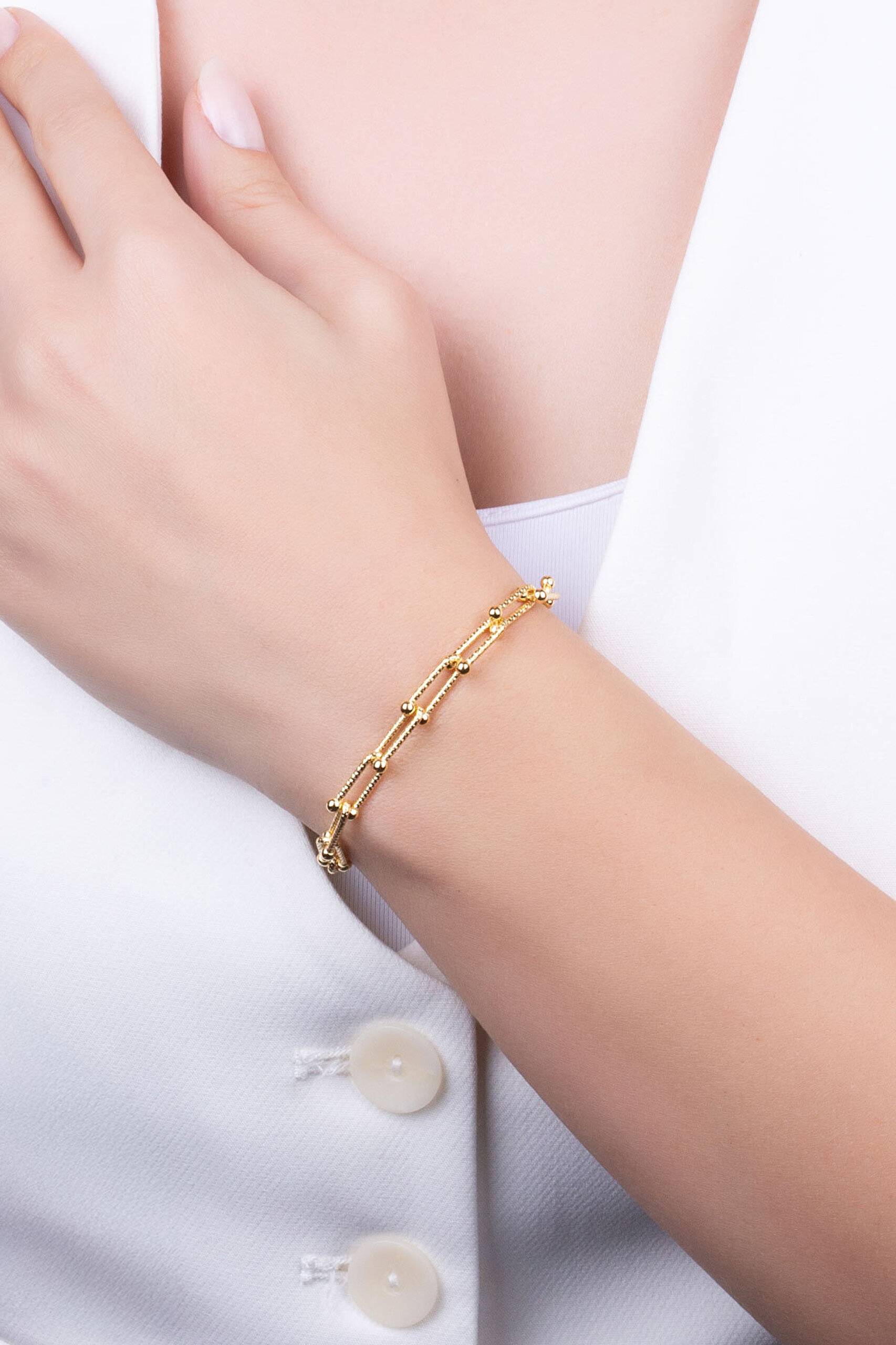 Zamansız İtalyan 18 Ayar Sarı Altın Kaplama 19 Cm Gümüş Ataş Zincir Bileklik - 1