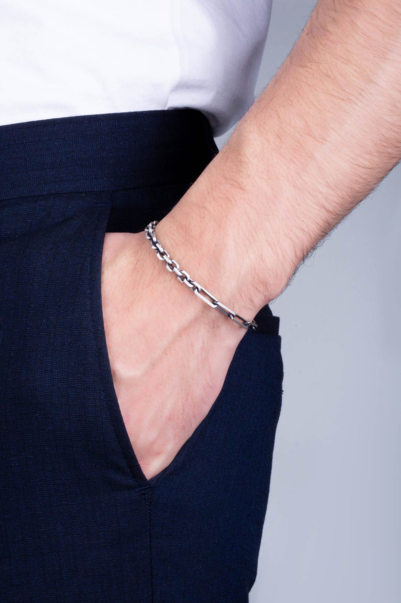 ⁠ Kratos İtalyan 21 Cm Gun Metal Kaplama Gümüş Erkek Bileklik_1}