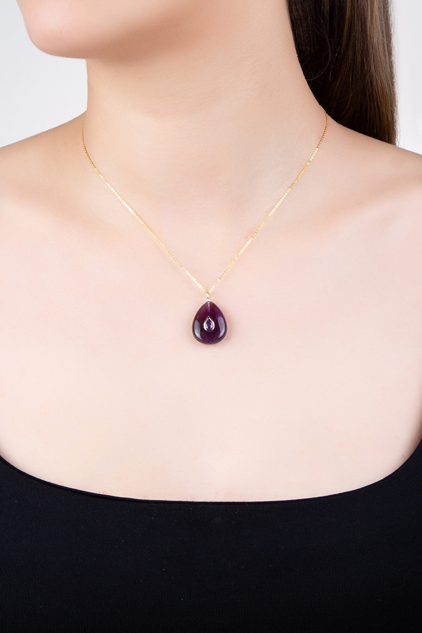 Doğal Ametist Taşlı 18 Ayar Sarı Altın Kaplama 43 Cm Gümüş Kolye - 1