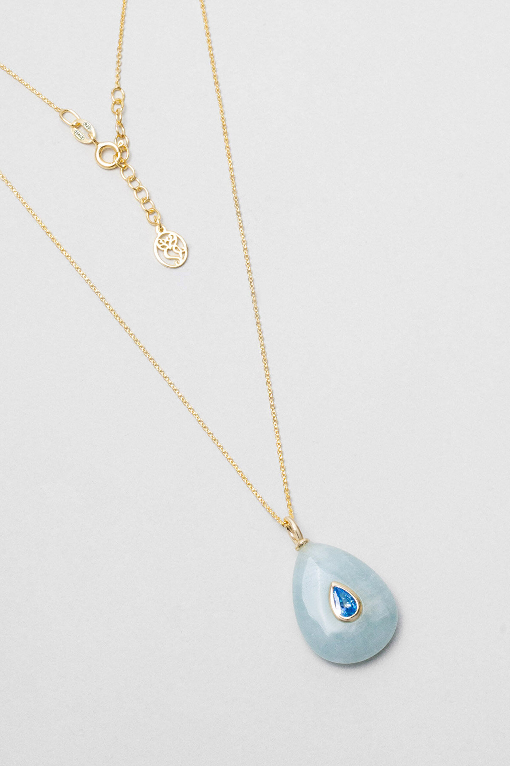 Doğal Aquamarine Taşlı 18 Ayar Sarı Altın Kaplama 43 Cm Gümüş Kolye - 0