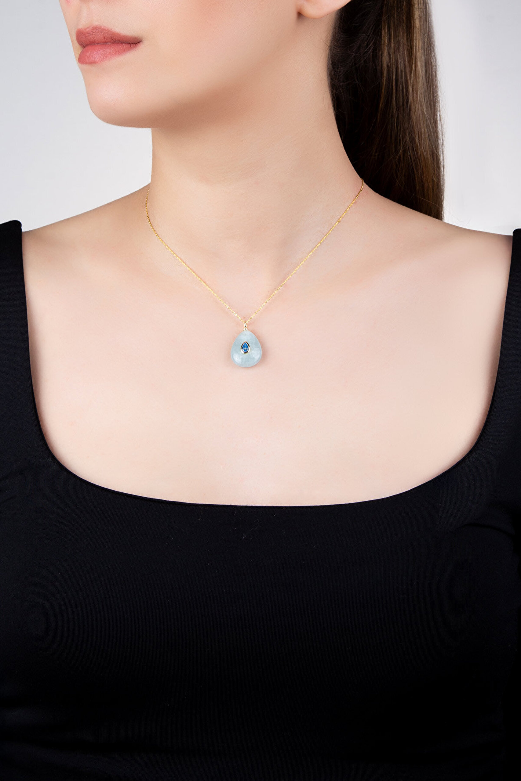 Doğal Aquamarine Taşlı 18 Ayar Sarı Altın Kaplama 43 Cm Gümüş Kolye - 3