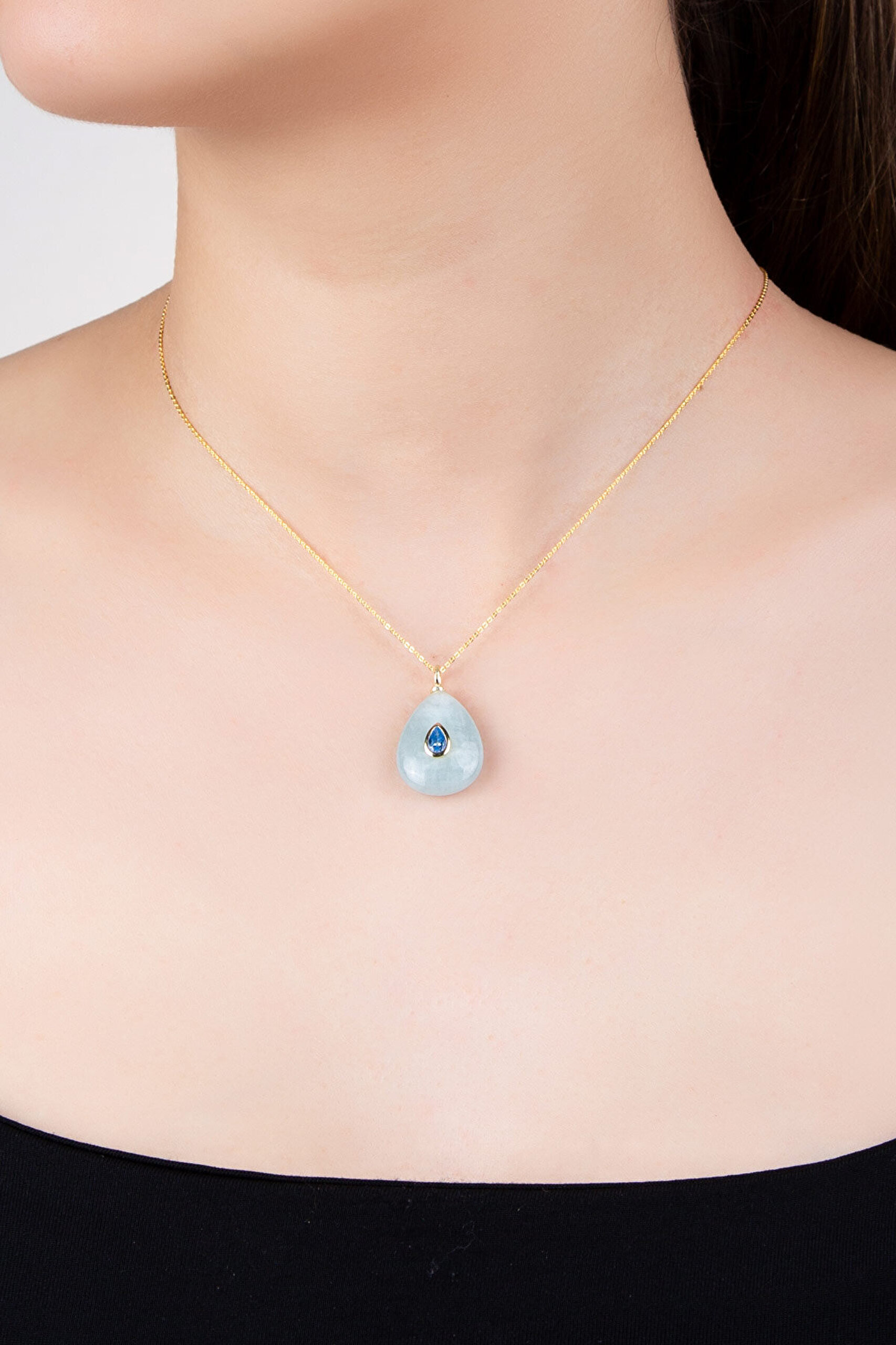 Doğal Aquamarine Taşlı 18 Ayar Sarı Altın Kaplama 43 Cm Gümüş Kolye - 1