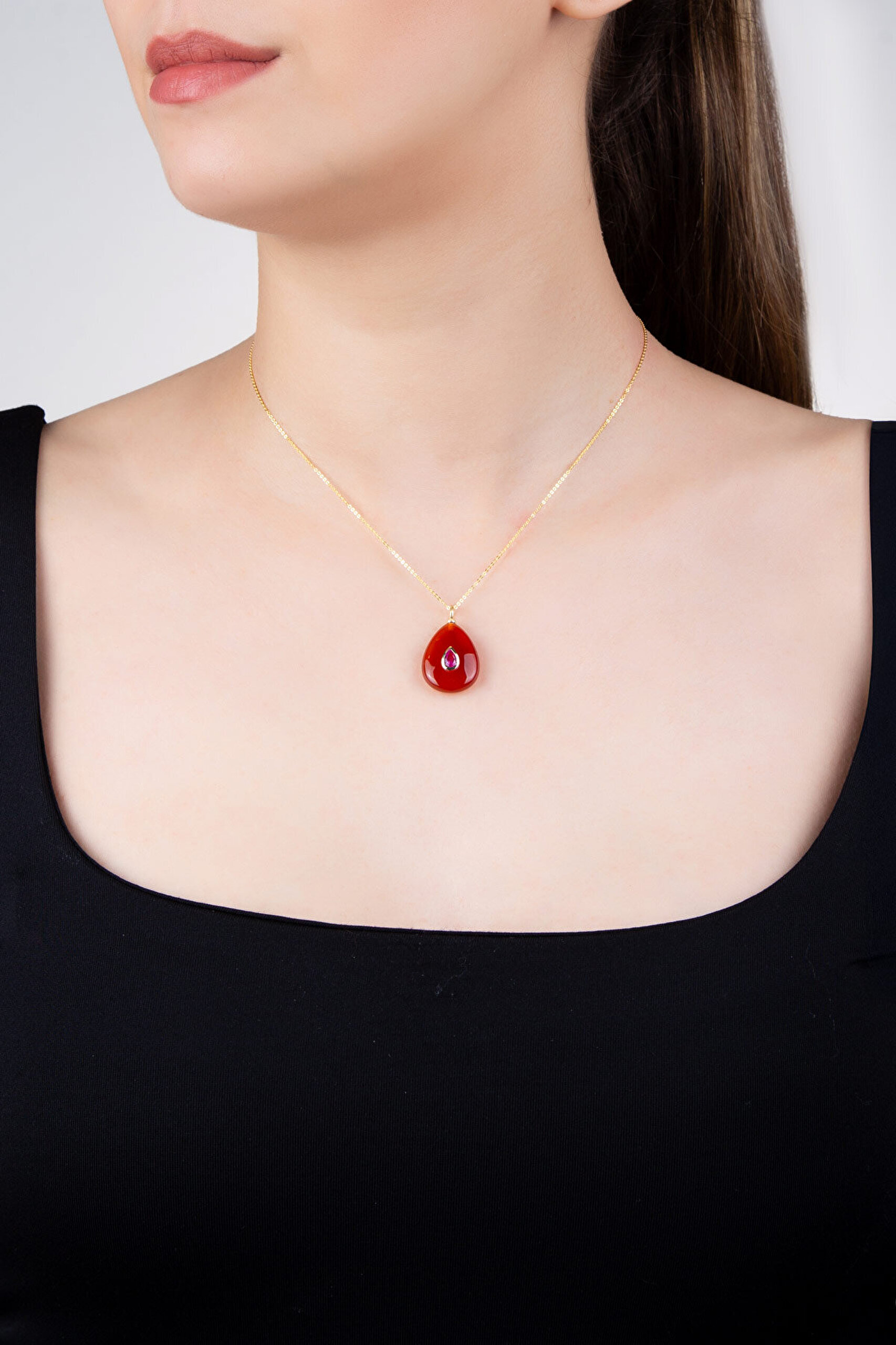 Doğal Akik Taşlı 18 Ayar Sarı Altın Kaplama 43 Cm Gümüş Kolye - 3