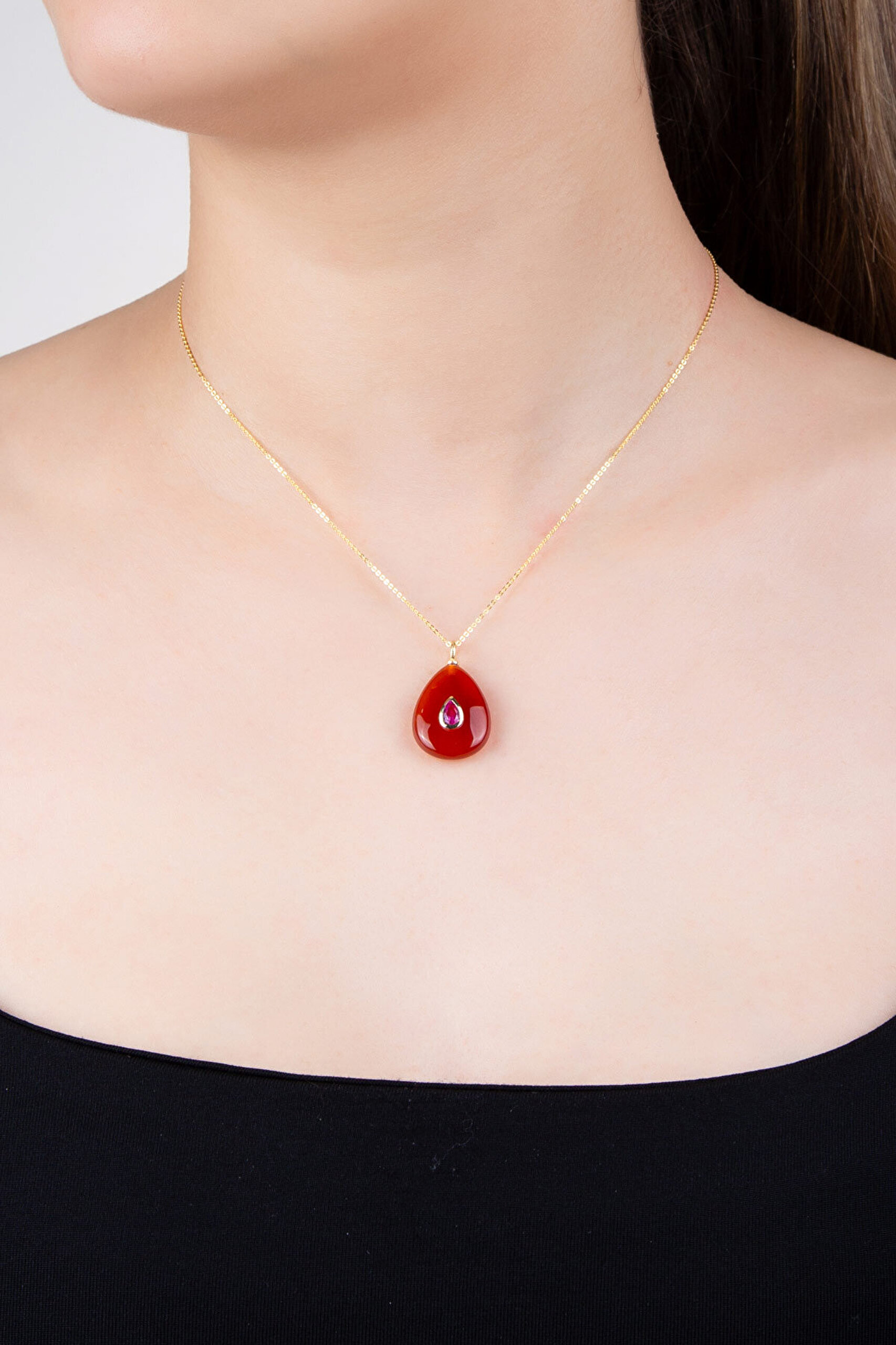 Doğal Akik Taşlı 18 Ayar Sarı Altın Kaplama 43 Cm Gümüş Kolye - 1