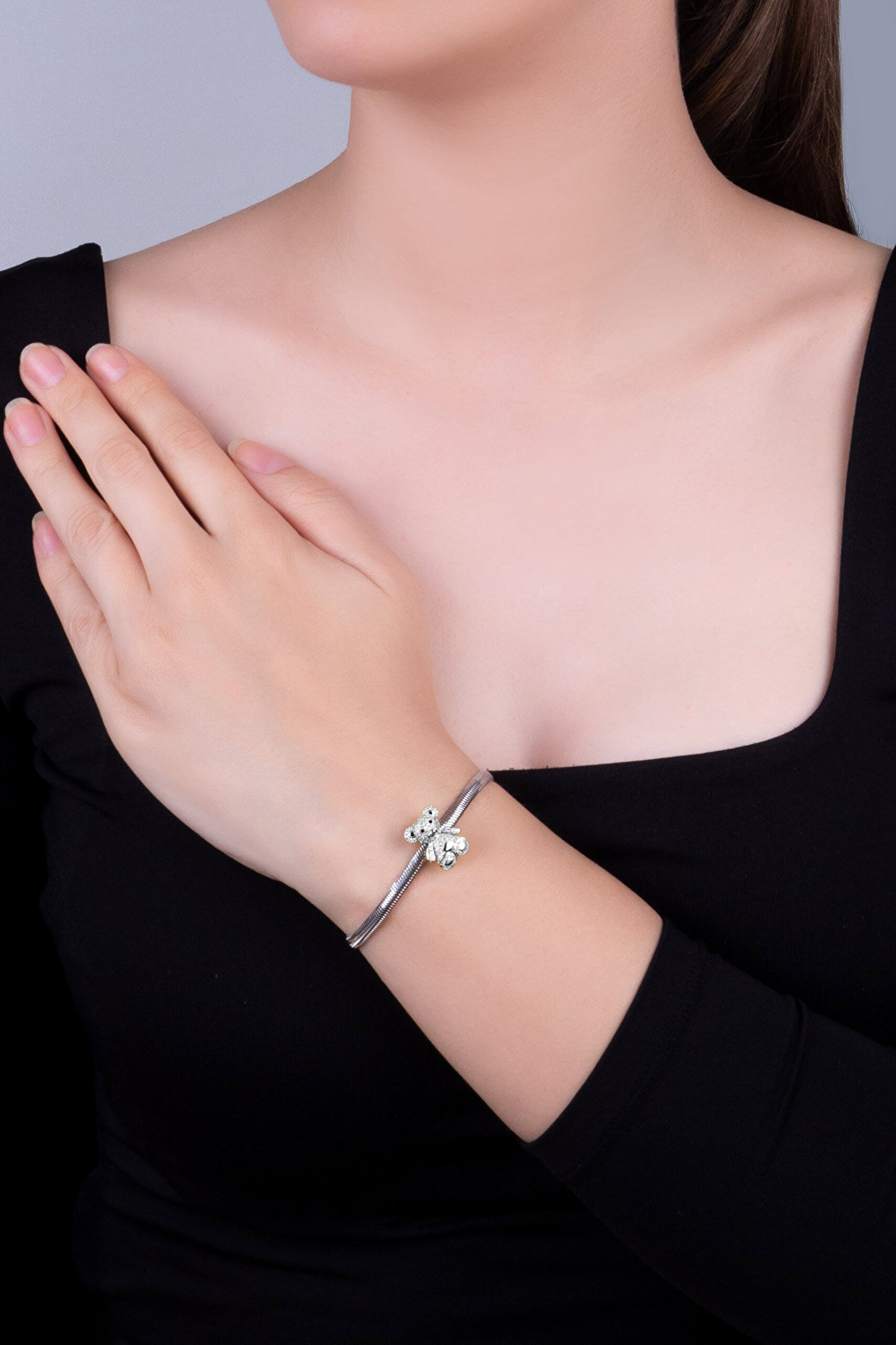 Pofuduk Ayıcık 18 Ayar Beyaz Altın Kaplama Gümüş Charm - 6