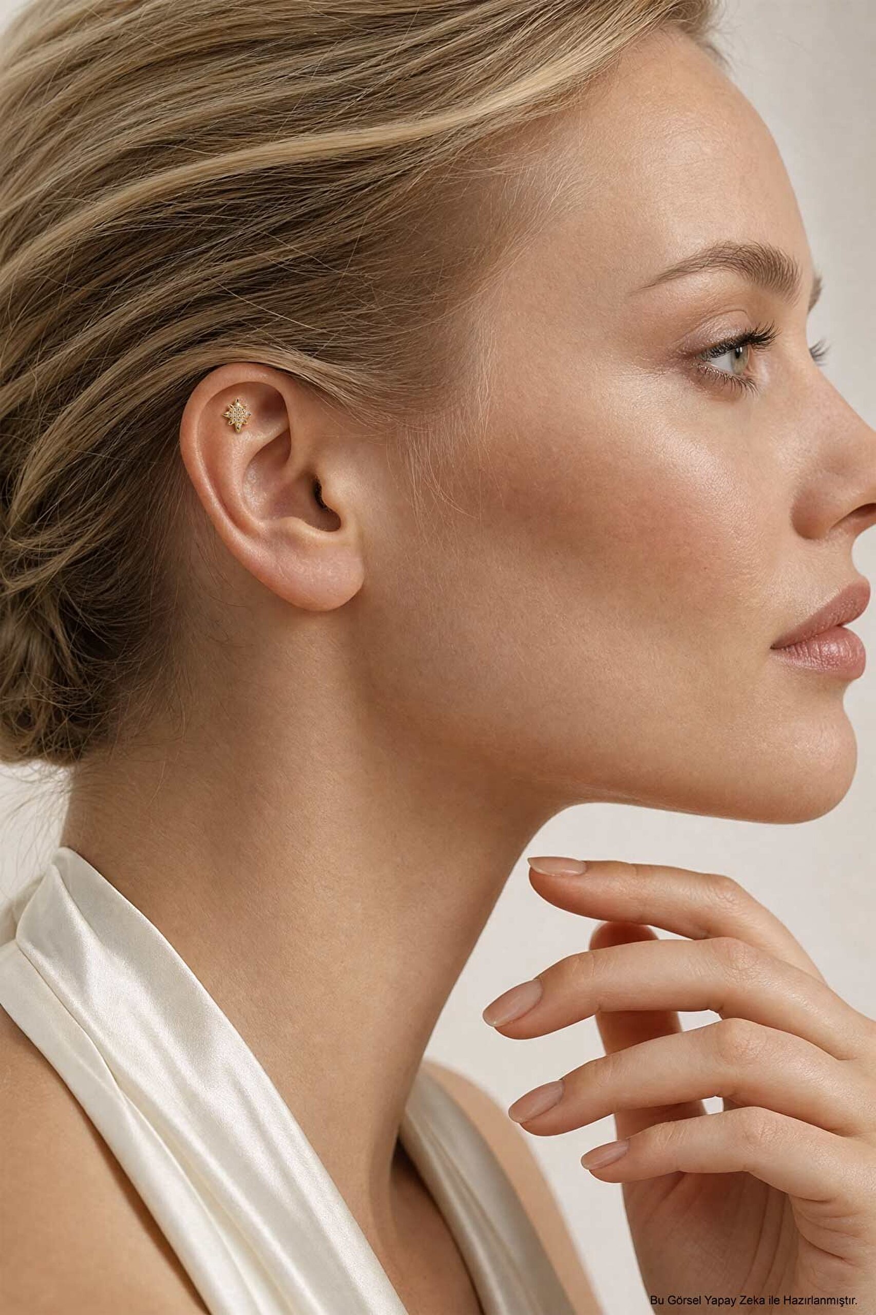 Kutup Yıldızı 18 Ayar Sarı Altın Kaplama Gümüş Flat-Lobe Piercing - 3