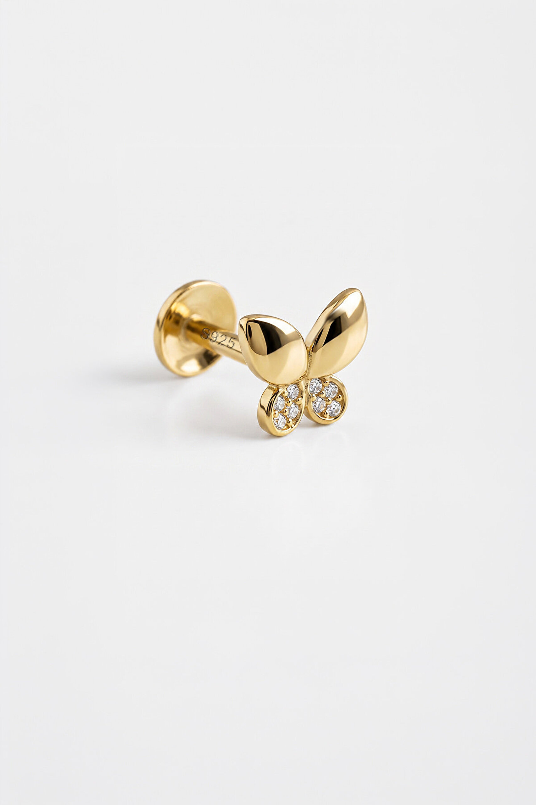 Minik Kelebek 18 Ayar Sarı Altın Kaplama Gümüş Flat-Lobe Piercing - 0