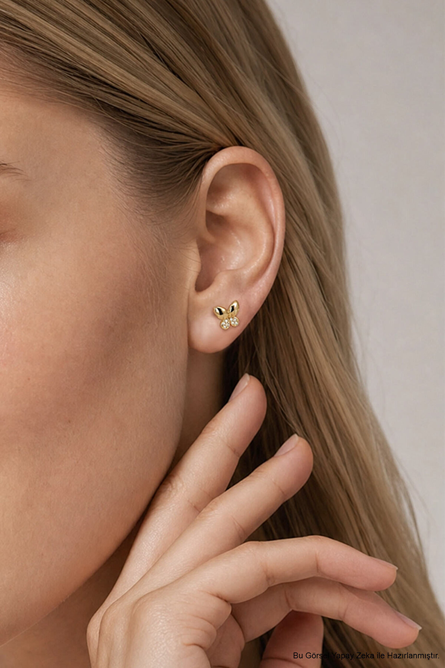 Minik Kelebek 18 Ayar Sarı Altın Kaplama Gümüş Flat-Lobe Piercing - 1
