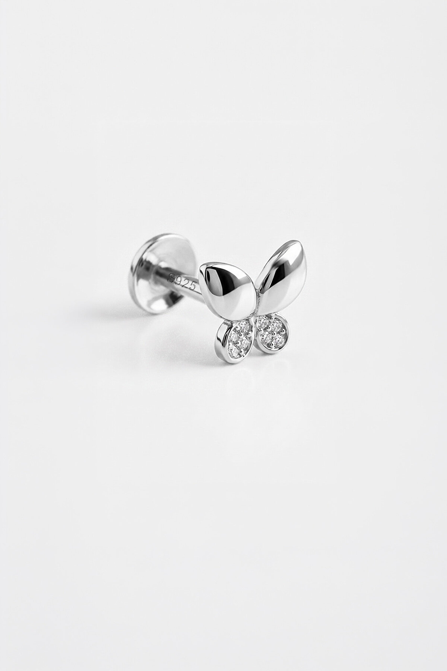 Minik Kelebek 18 Ayar Beyaz Altın Kaplama Gümüş Flat-Lobe Piercing - 0