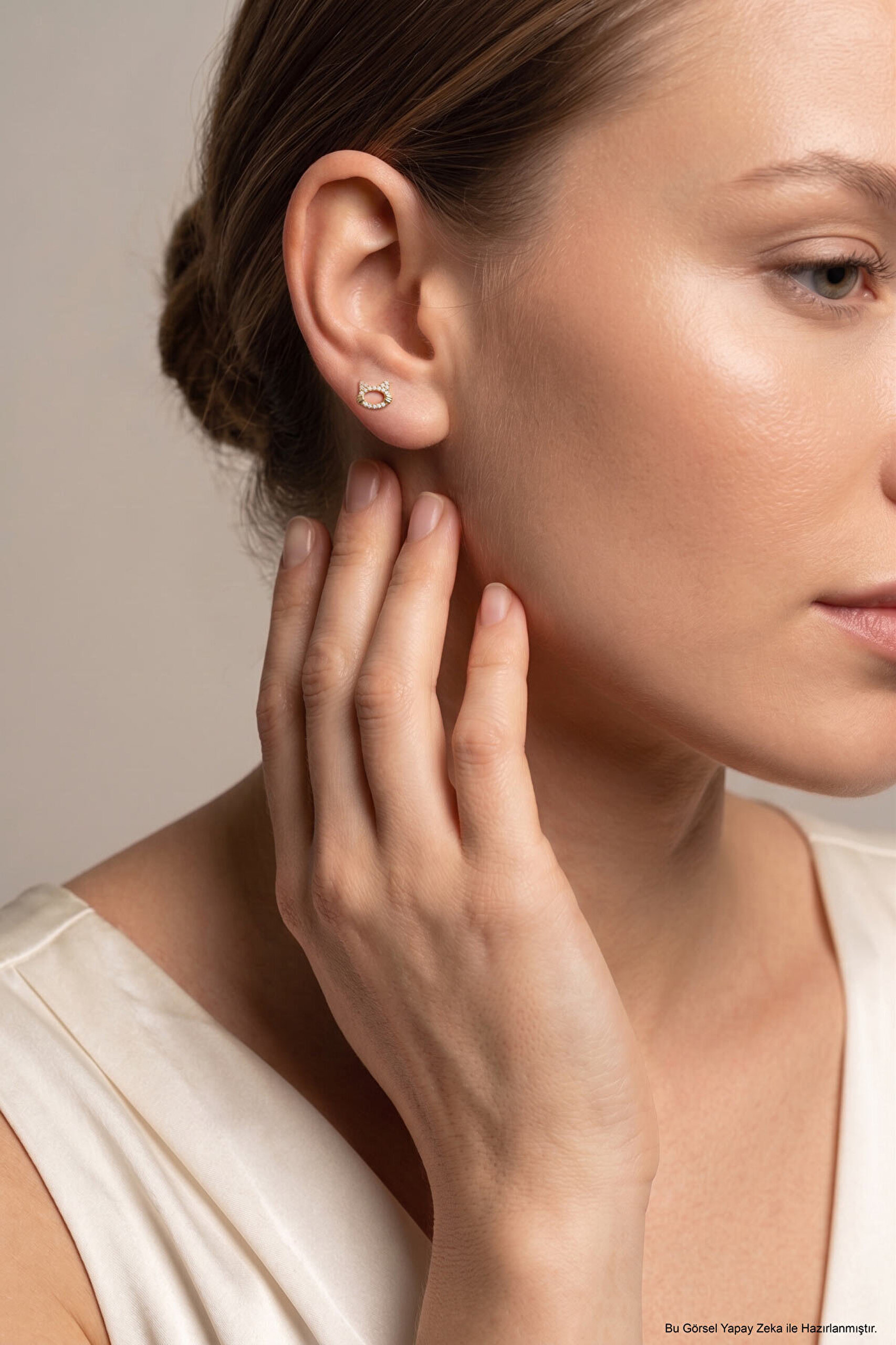 Sevimli Kedi 18 Ayar Sarı Altın Kaplama Gümüş Flat-Lobe Piercing - 3
