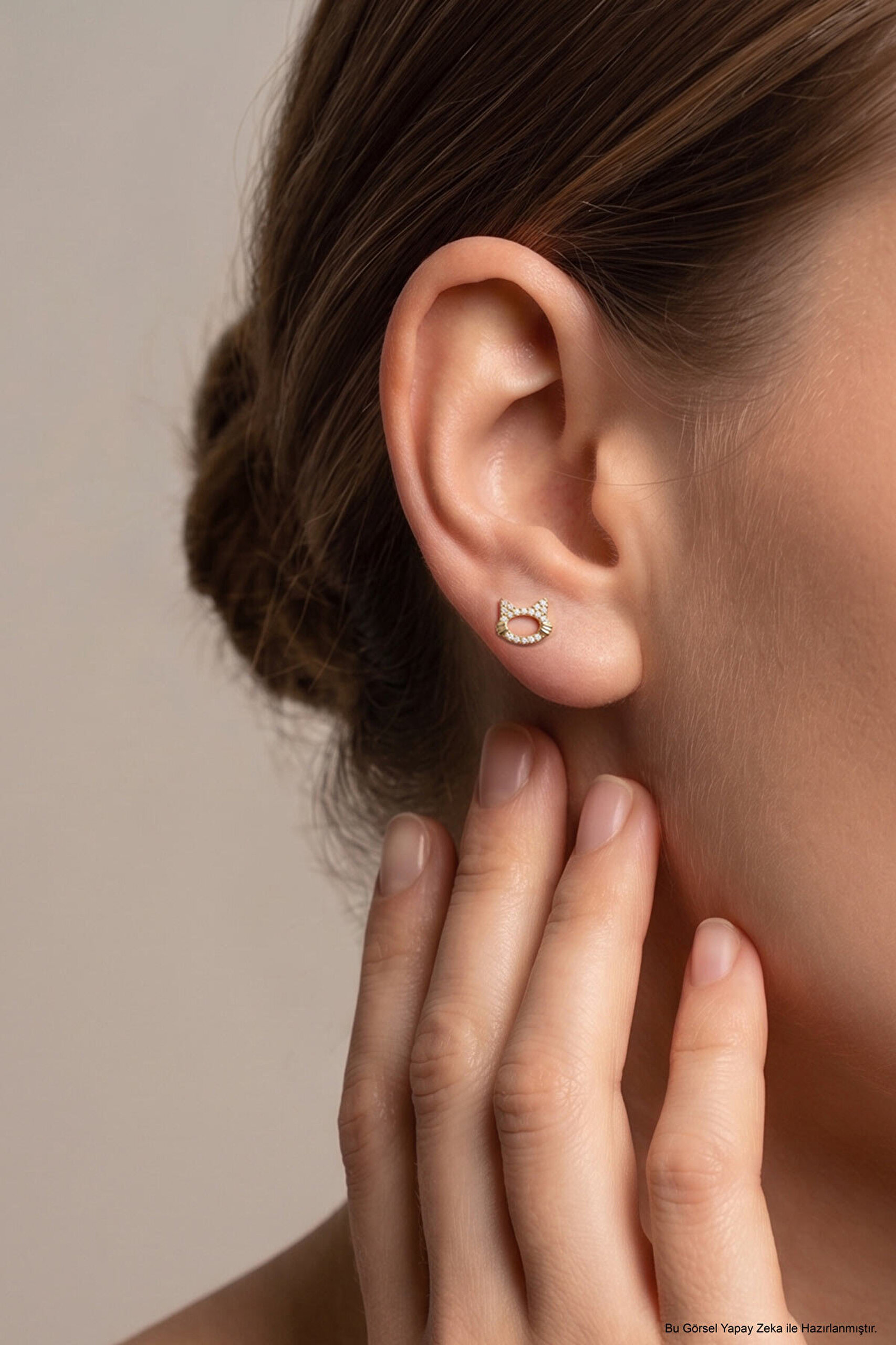 Sevimli Kedi 18 Ayar Sarı Altın Kaplama Gümüş Flat-Lobe Piercing - 1