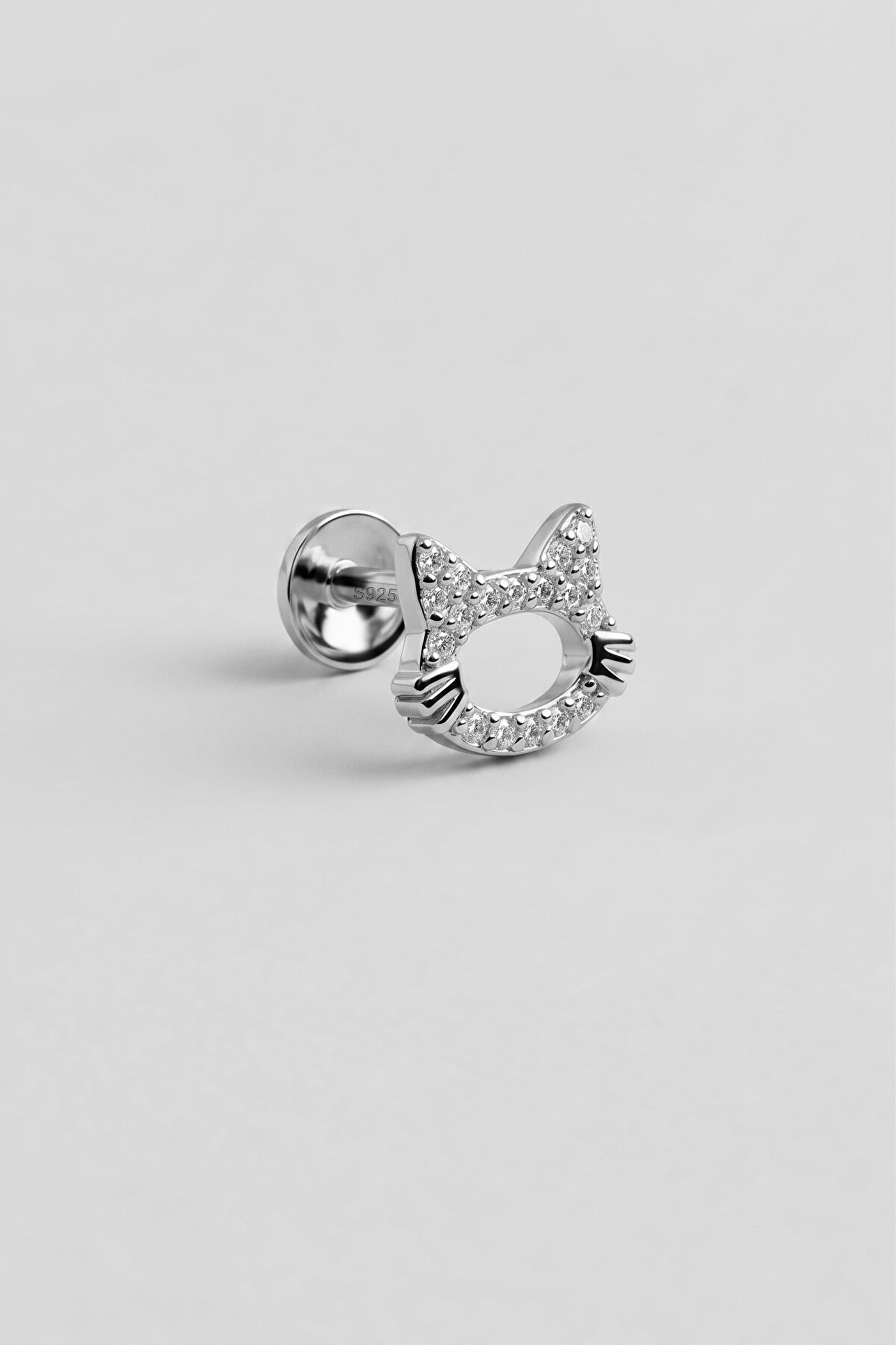 Sevimli Kedi 18 Ayar Beyaz Altın Kaplama Gümüş Flat-Lobe Piercing - 0