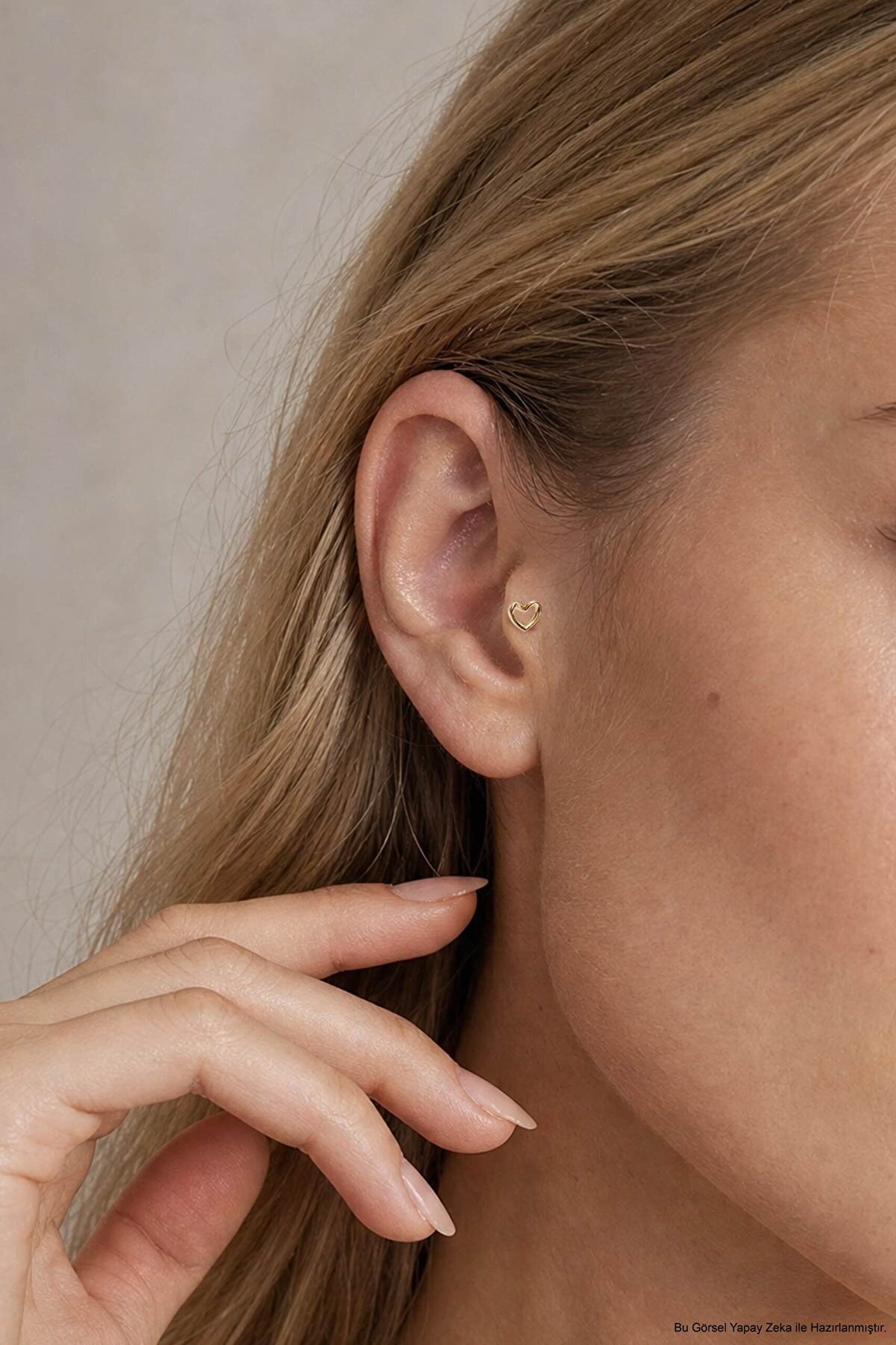 Minimal Kalp 18 Ayar Sarı Altın Kaplama Gümüş Tragus-Helix Piercing - 1