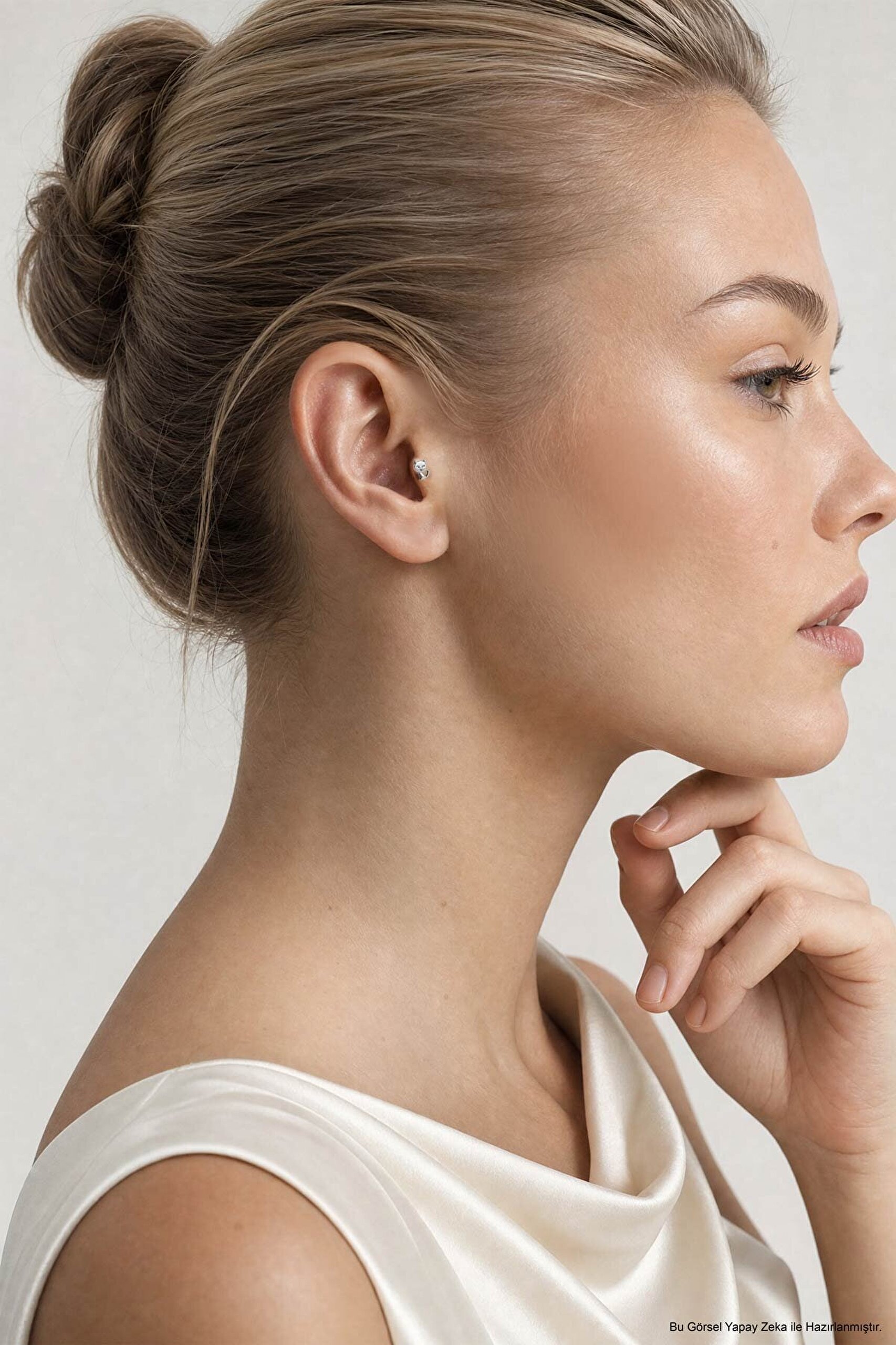 Yavru Kedi 18 Ayar Beyaz Altın Kaplama Gümüş Tragus-Helix Piercing - 3