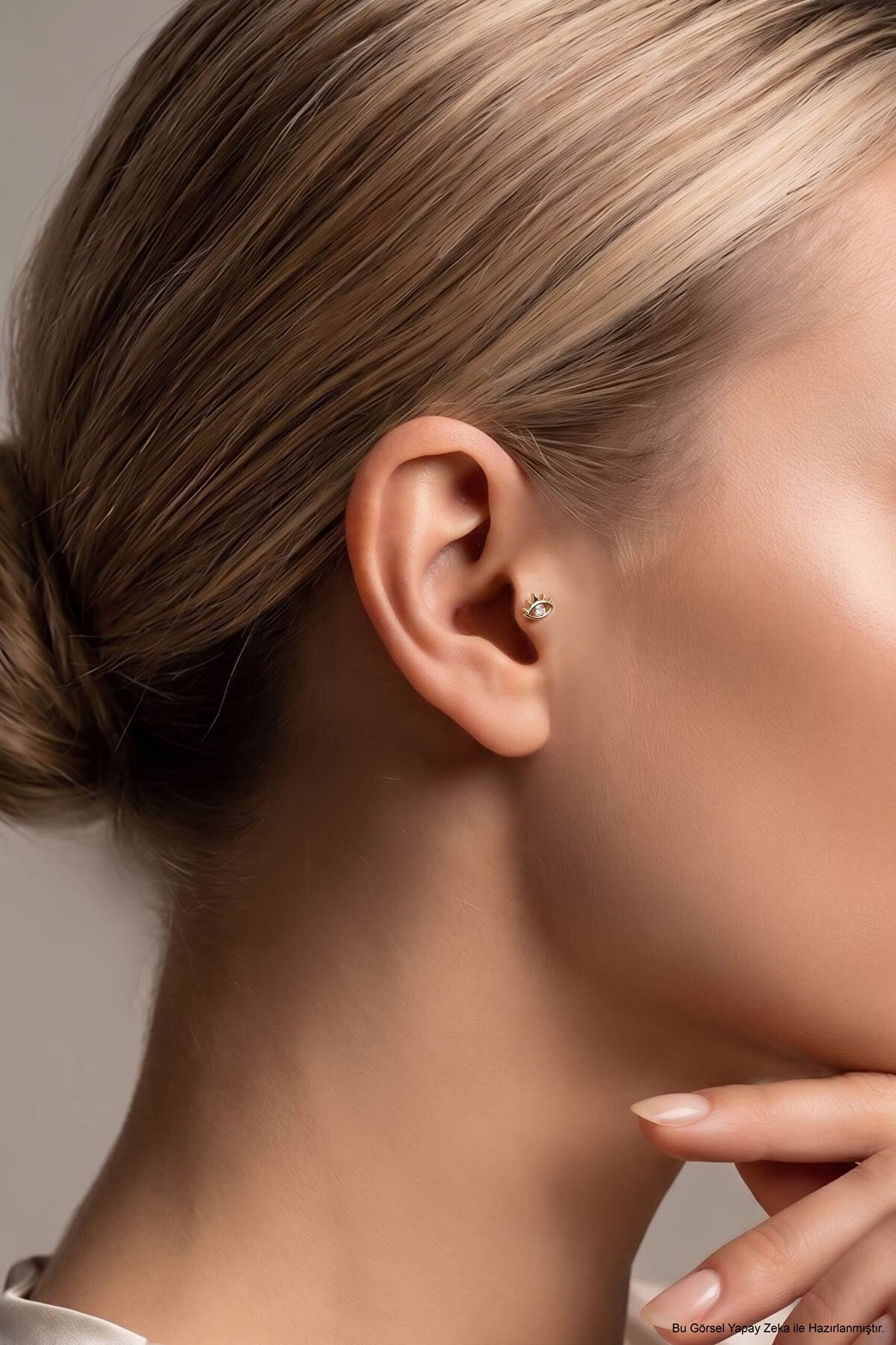 Mistik Göz 18 Ayar Sarı Altın Kaplama Gümüş Tragus-Helix Piercing - 1