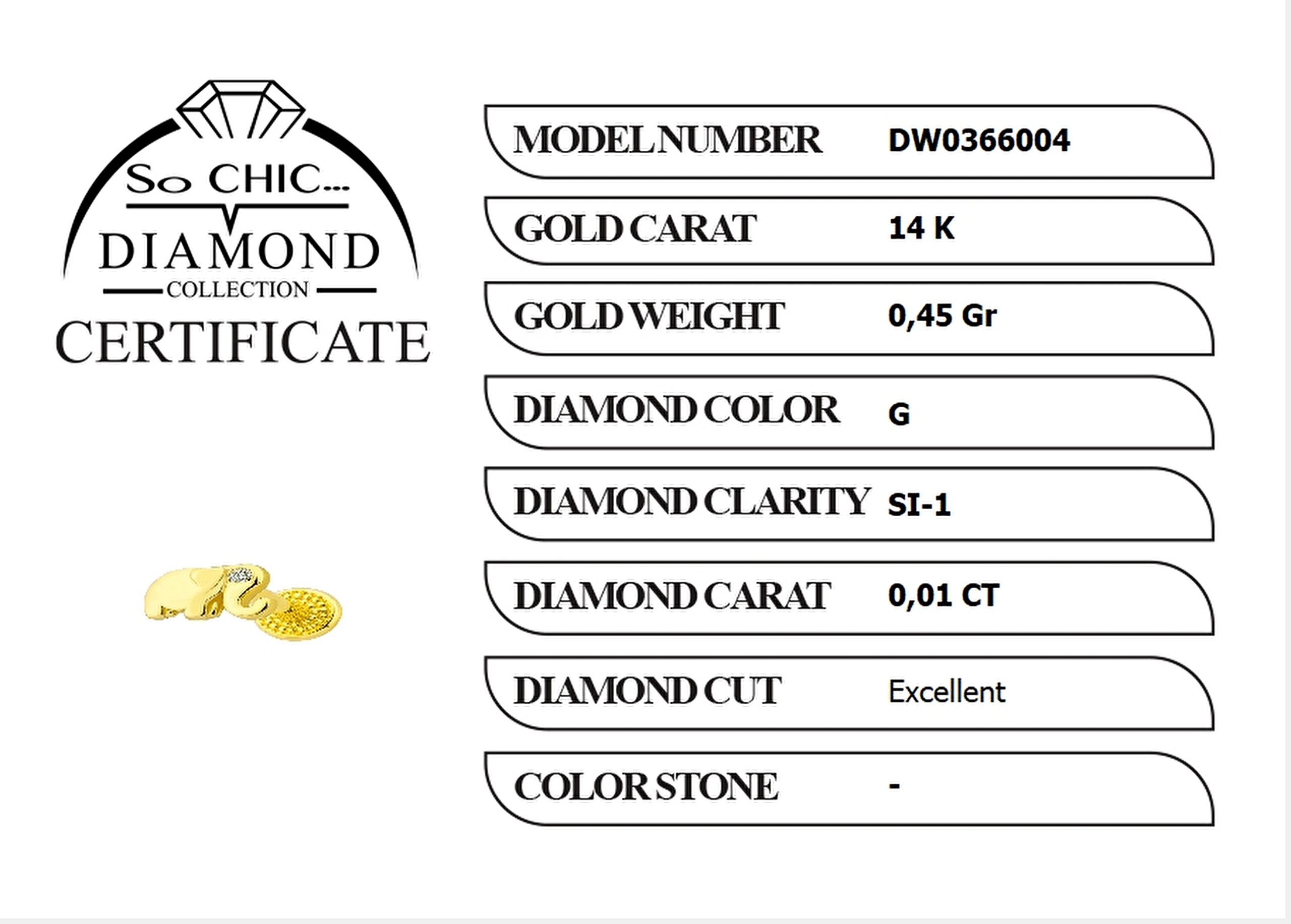 ⁠ Diamond Collection 14 Ayar Sarı Altın 0.01 Karat Pırlanta Fil Figürlü Tragus Piercing_3}
