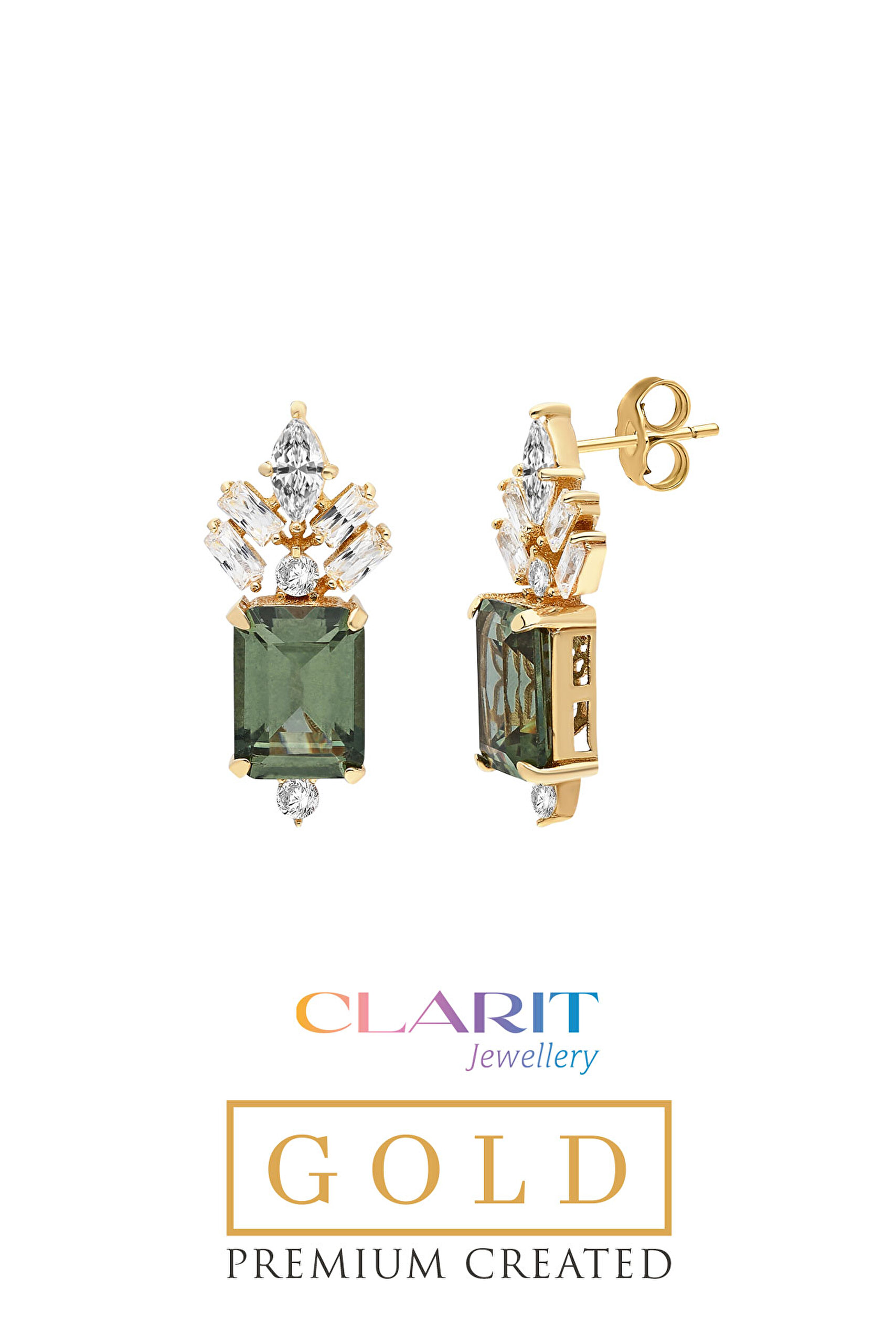 ⁠ Created Tourmaline Taşlı Zümrüt Kesim 14 Ayar Sarı Altın Küpe_0}