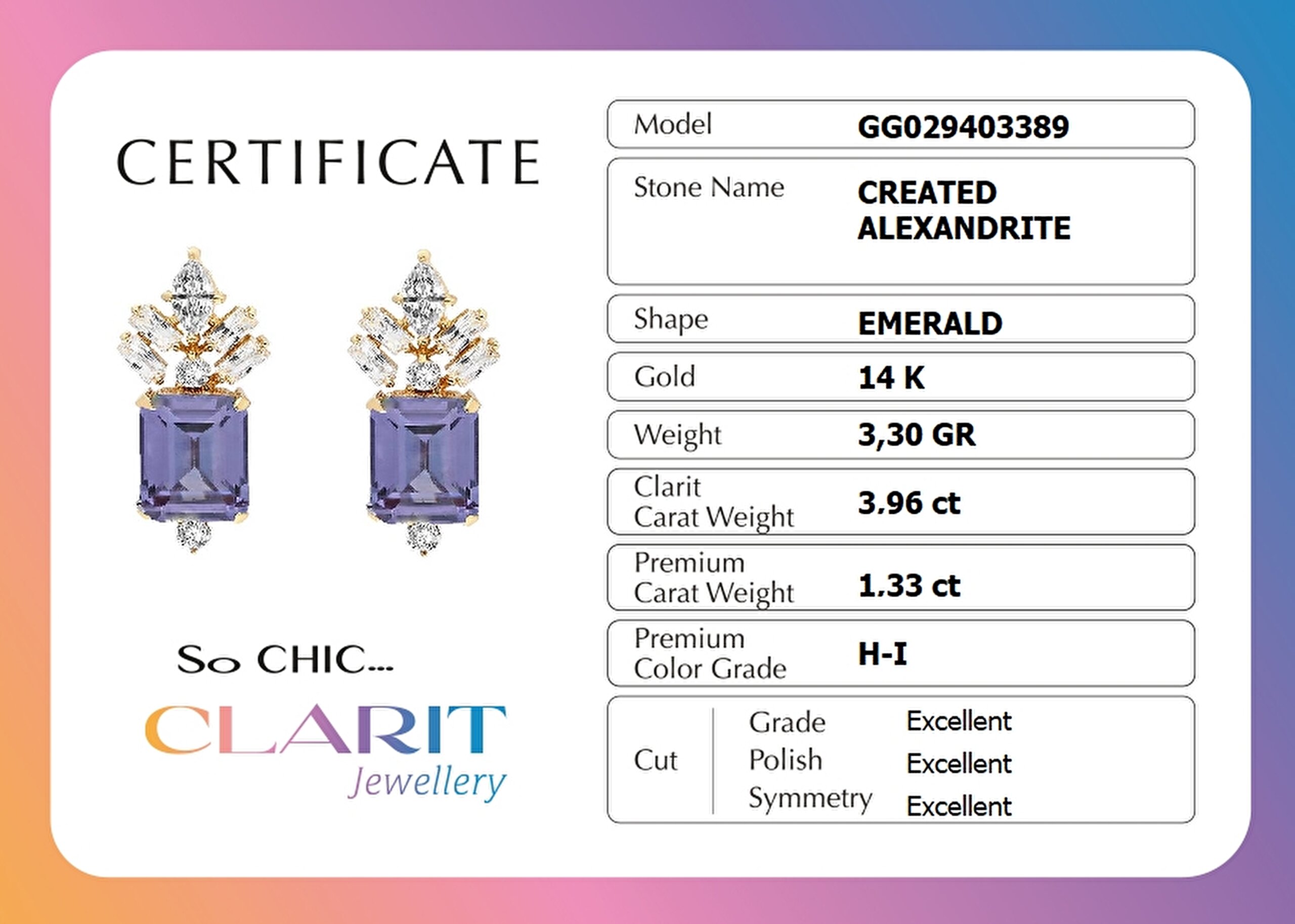 ⁠ Created Alexandrite Taşlı Zümrüt Kesim 14 Ayar Sarı Altın Küpe _1}