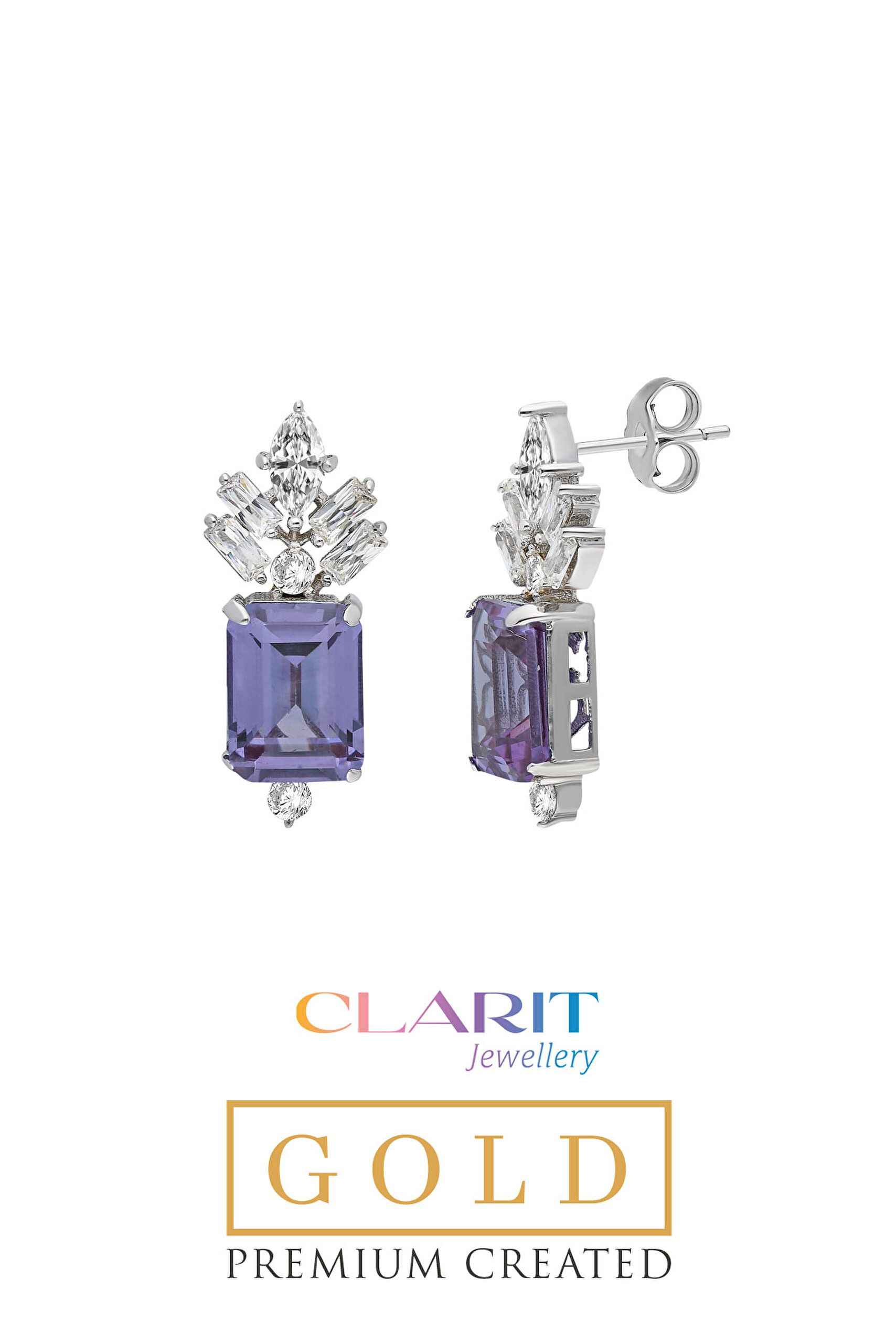 ⁠ Created Alexandrite Taşlı Zümrüt Kesim 14 Ayar Sarı Altın Küpe _0}