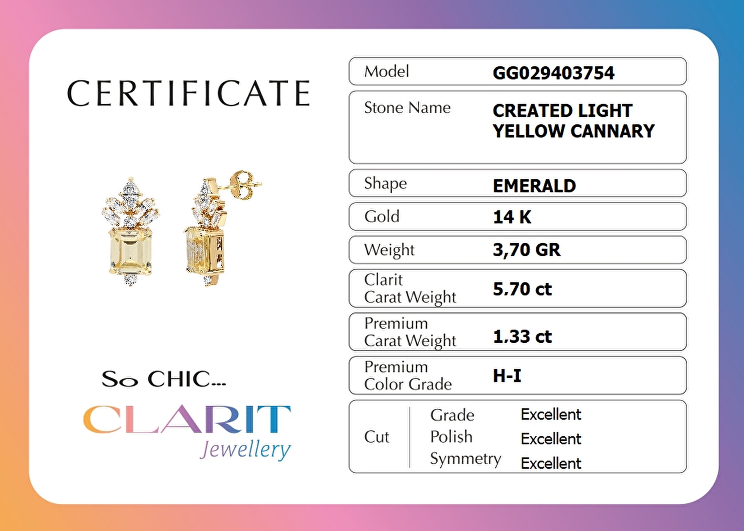 ⁠ Created Light Yellow Canary Taşlı Zümrüt Kesim 14 Ayar Sarı Altın  Küpe _2}