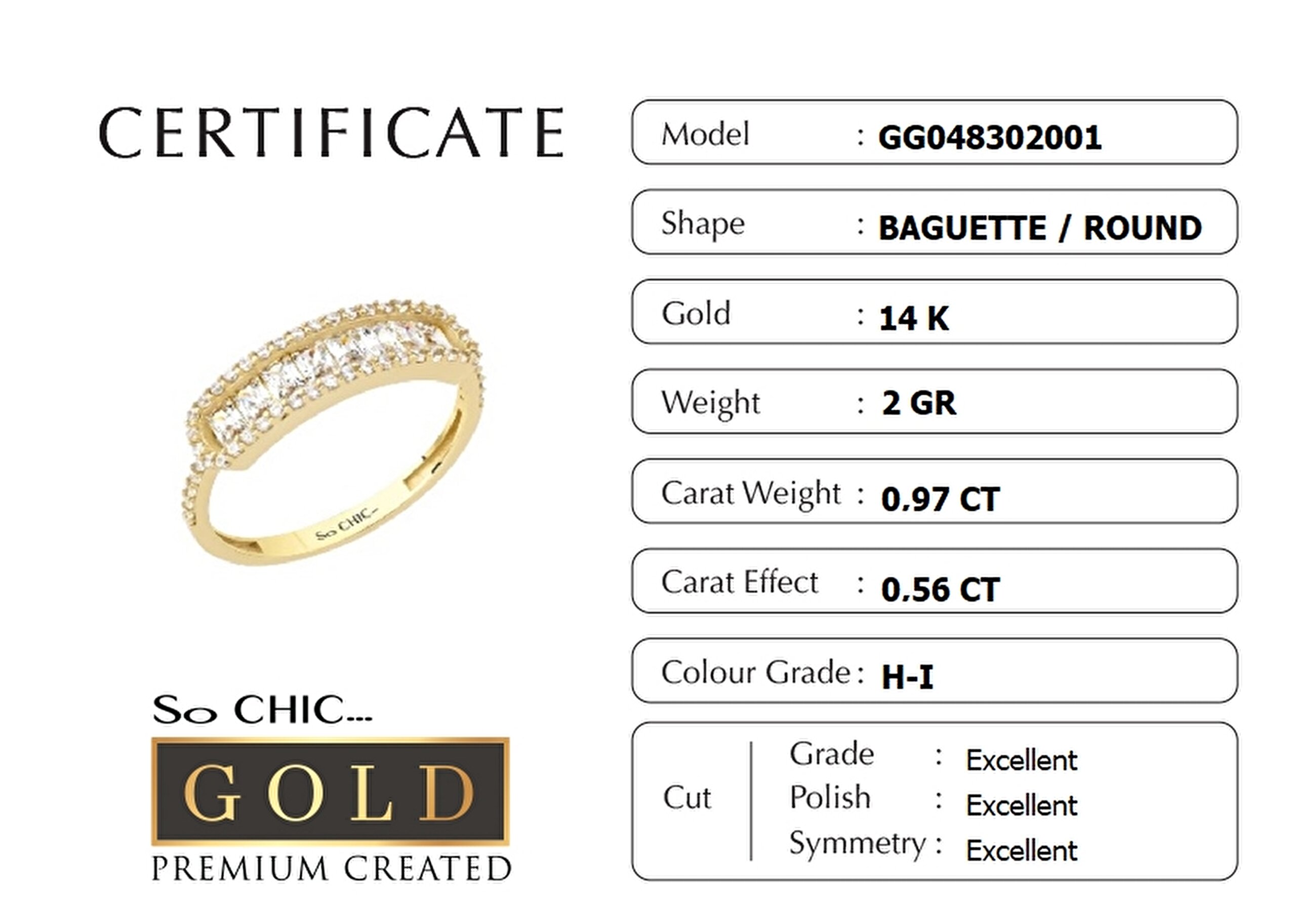 ⁠ 14 Ayar Sarı Altın Sertifikalı Premium Created Taşlı Baget Yüzük_1}
