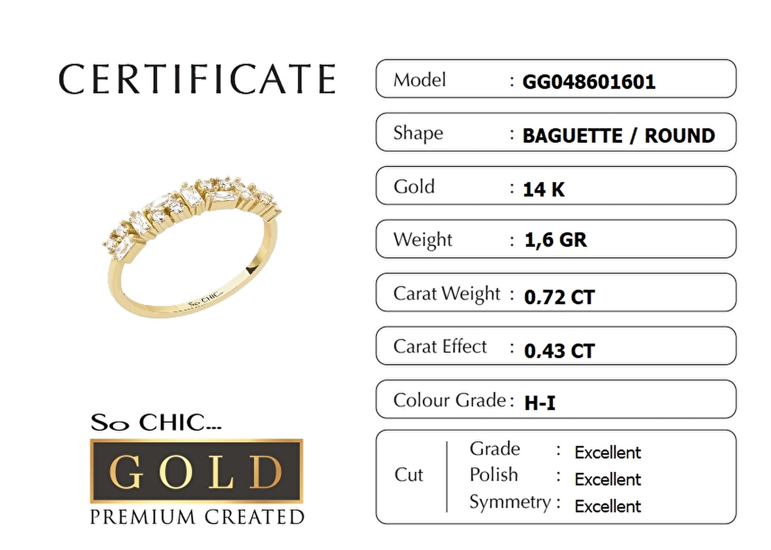 ⁠ 14 Ayar Sarı Altın Sertifikalı Gold Premium Created Taşlı Baget Yüzük_1}