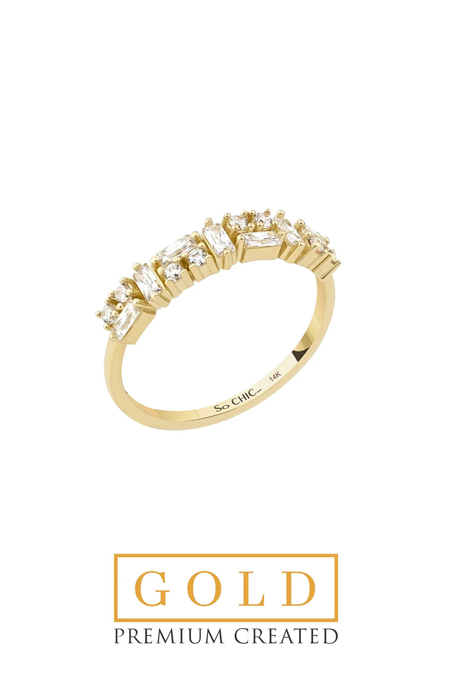 ⁠ 14 Ayar Sarı Altın Sertifikalı Gold Premium Created Taşlı Baget Yüzük_0}