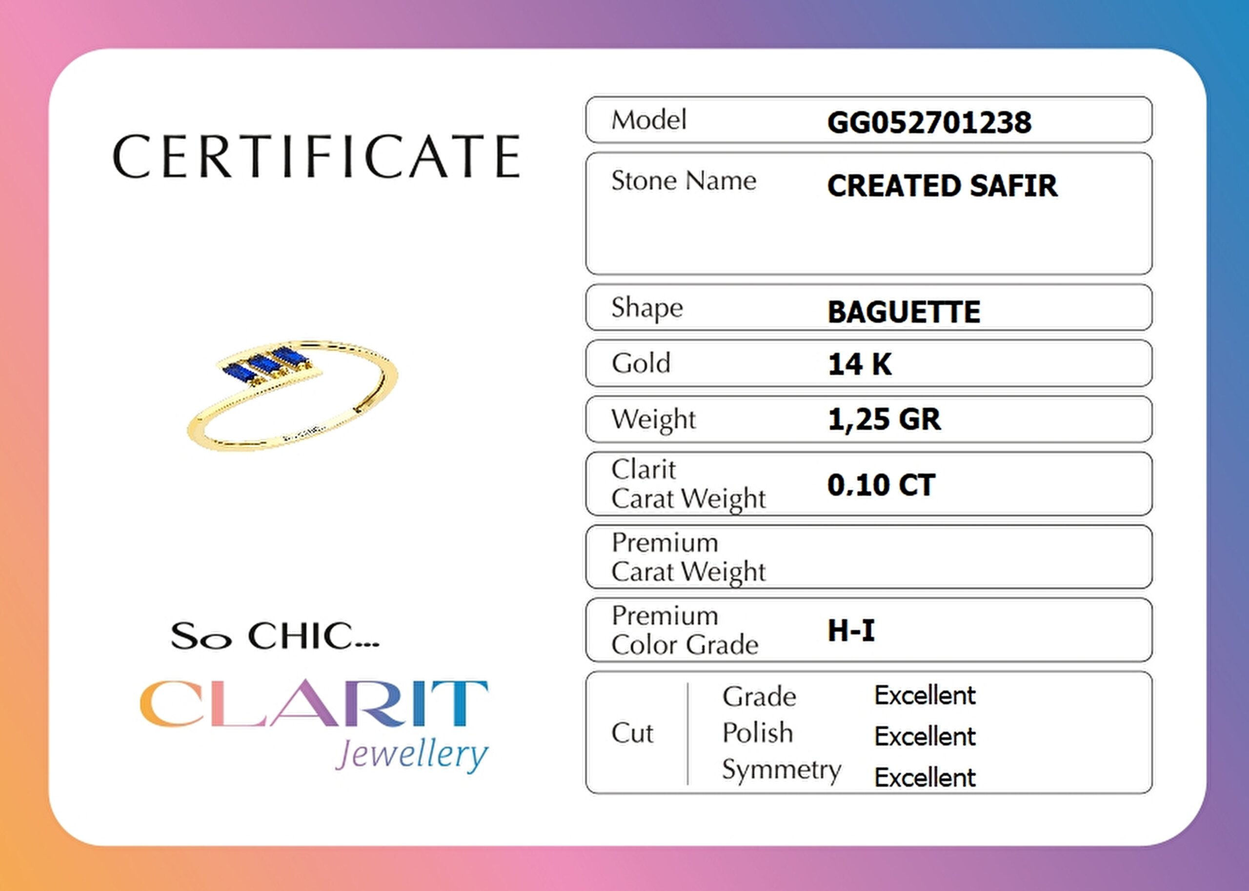 ⁠ Clarit Jewellery Created Baget Safir Taşlı 14 Ayar Sarı Altın Yüzük
_1}