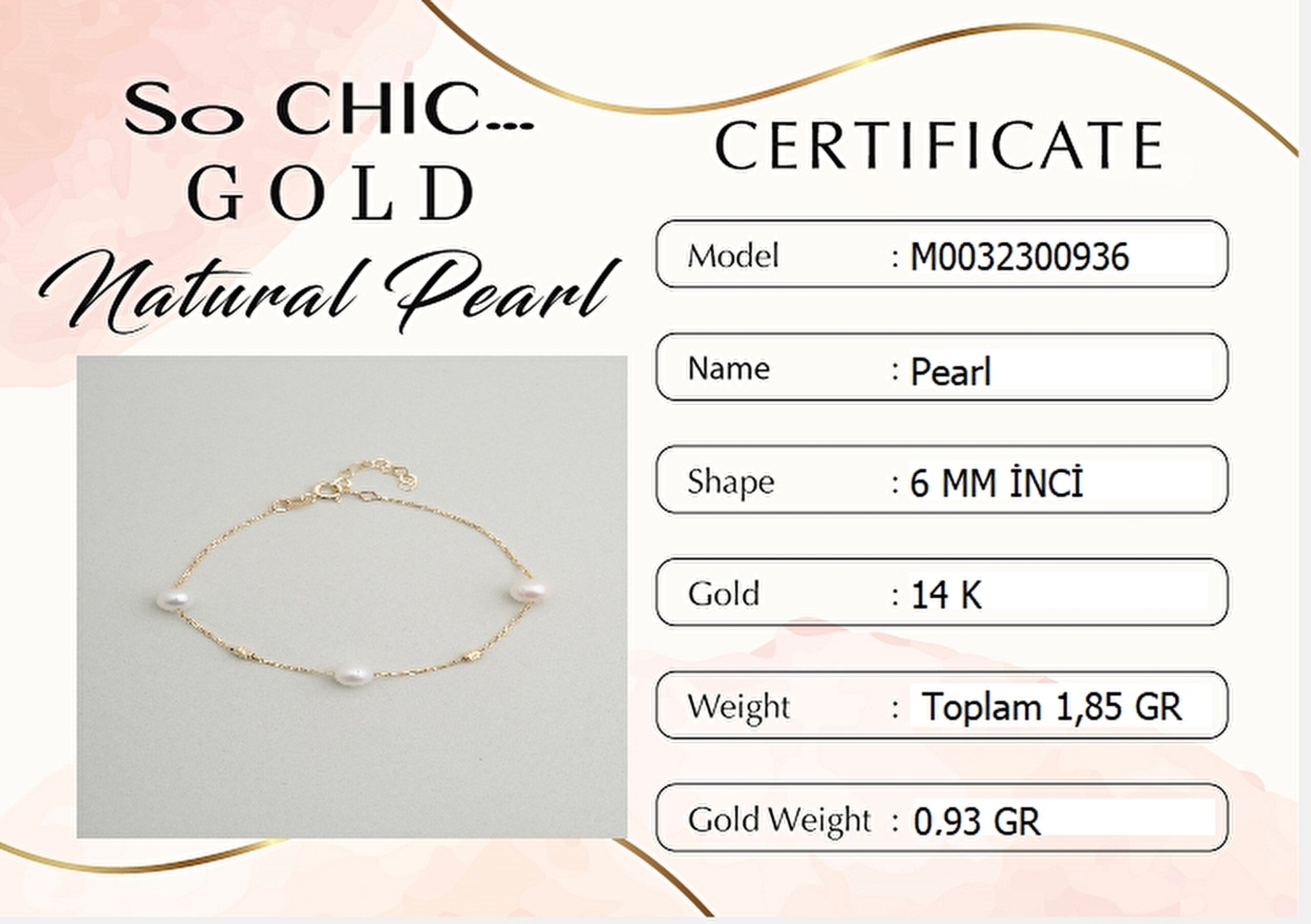 ⁠ Doğal İnci Taşlı 14 Ayar 18 Cm Sarı Altın Bileklik_4}