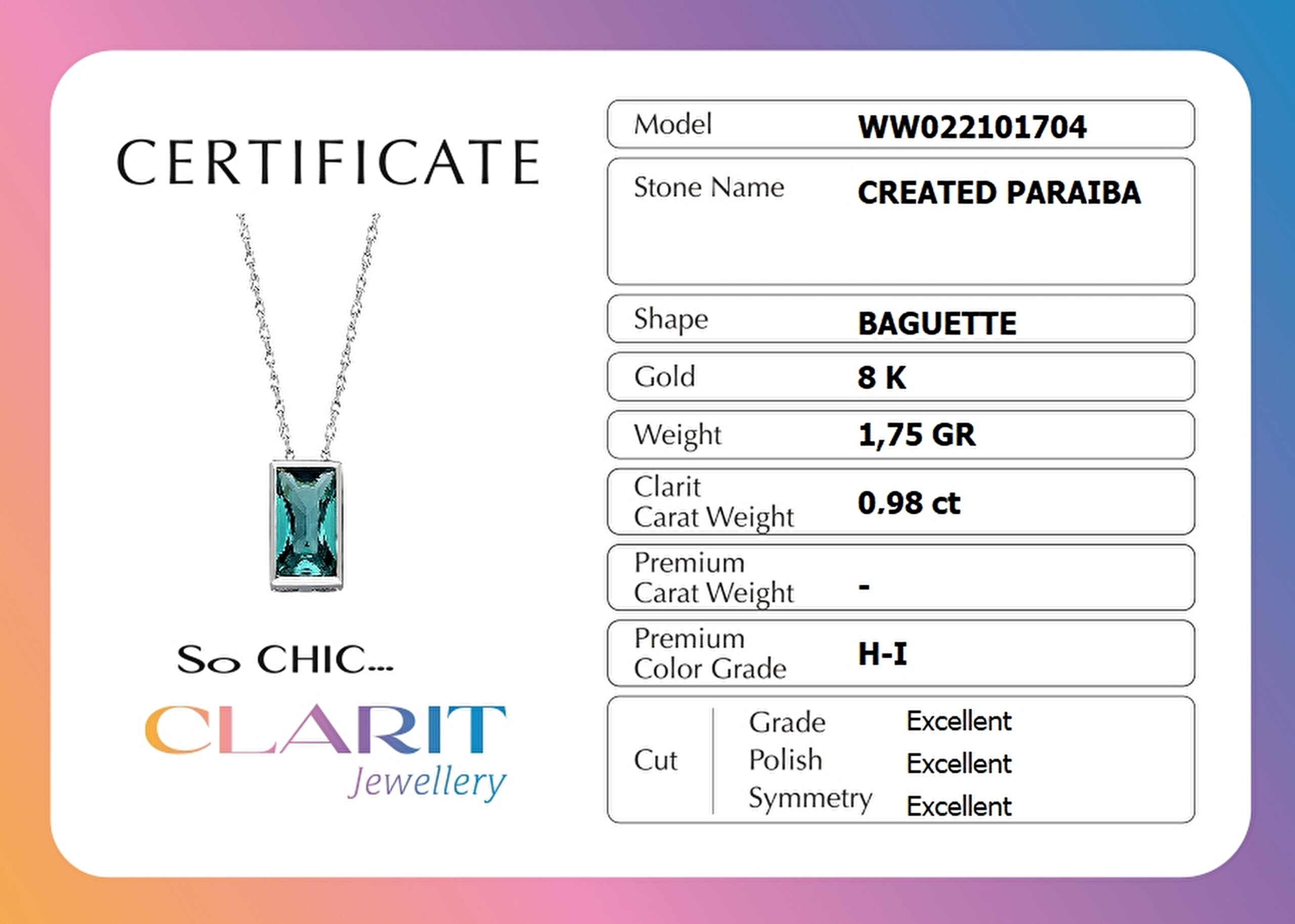 ⁠ Clarit Serisi Created Paraiba Taşlı 8 Ayar Beyaz Altın Baget Kolye_2}