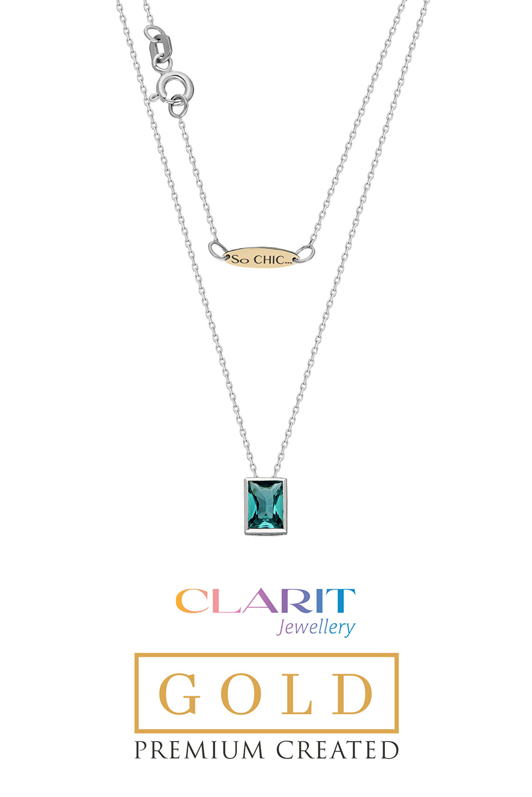 ⁠ Clarit Serisi Created Paraiba Taşlı 8 Ayar Beyaz Altın Baget Kolye_1}