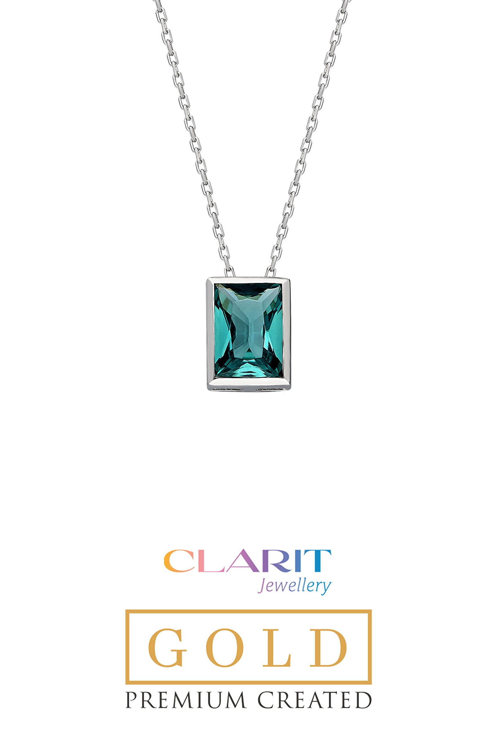 ⁠ Clarit Serisi Created Paraiba Taşlı 8 Ayar Beyaz Altın Baget Kolye_0}